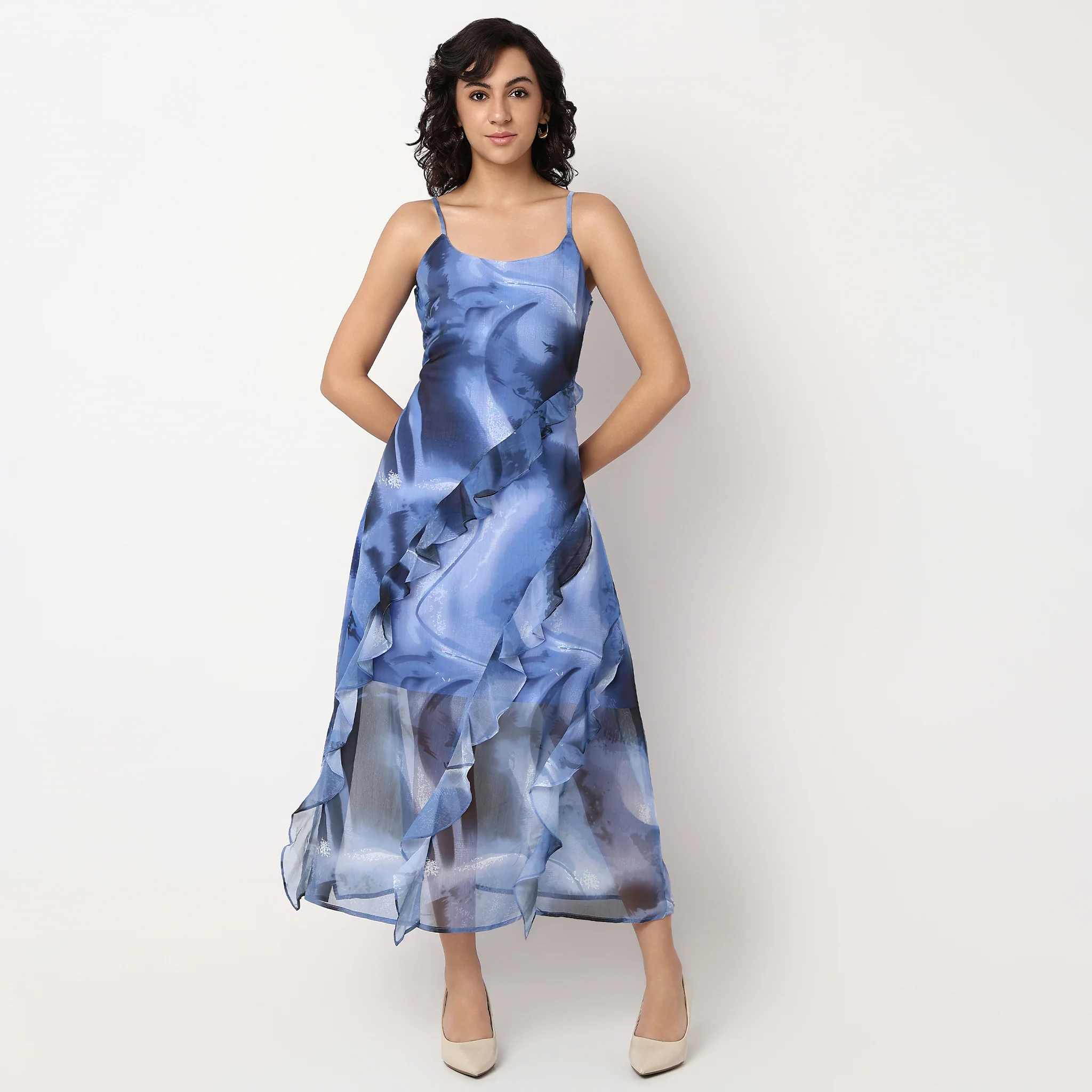 Abstract Print Flared A-Line Ruffle Detail Dress - Image 2