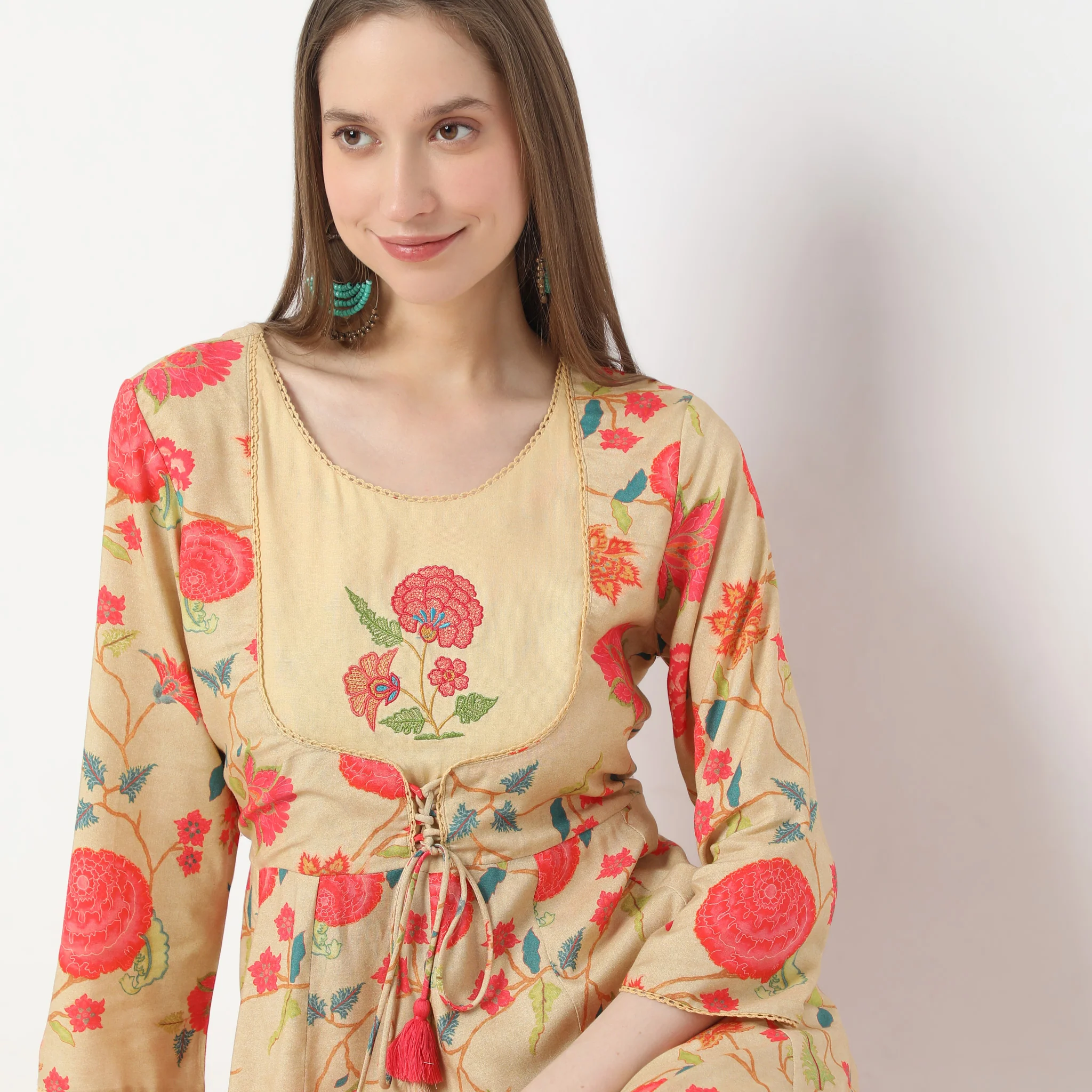 All Over Floral Print Gathered Kurta With Mock Jacket Style - Image 4