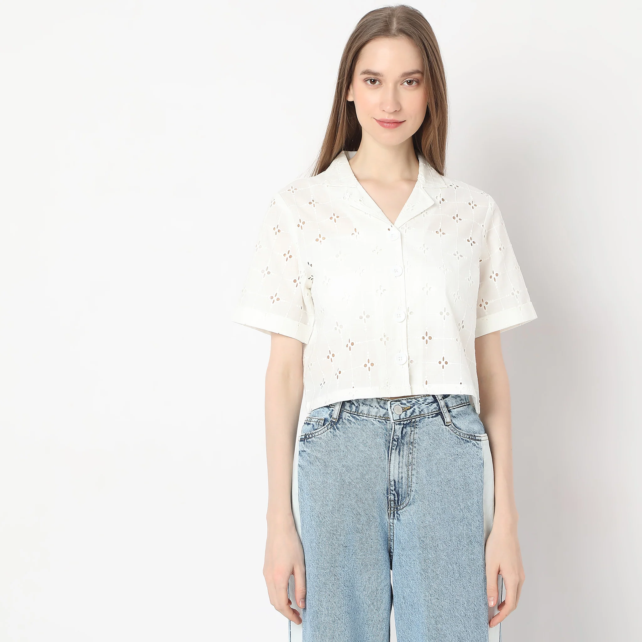 All Over Schffli Shirt Made With Comfortable Fabric Lapel Collar Shirt - Image 2