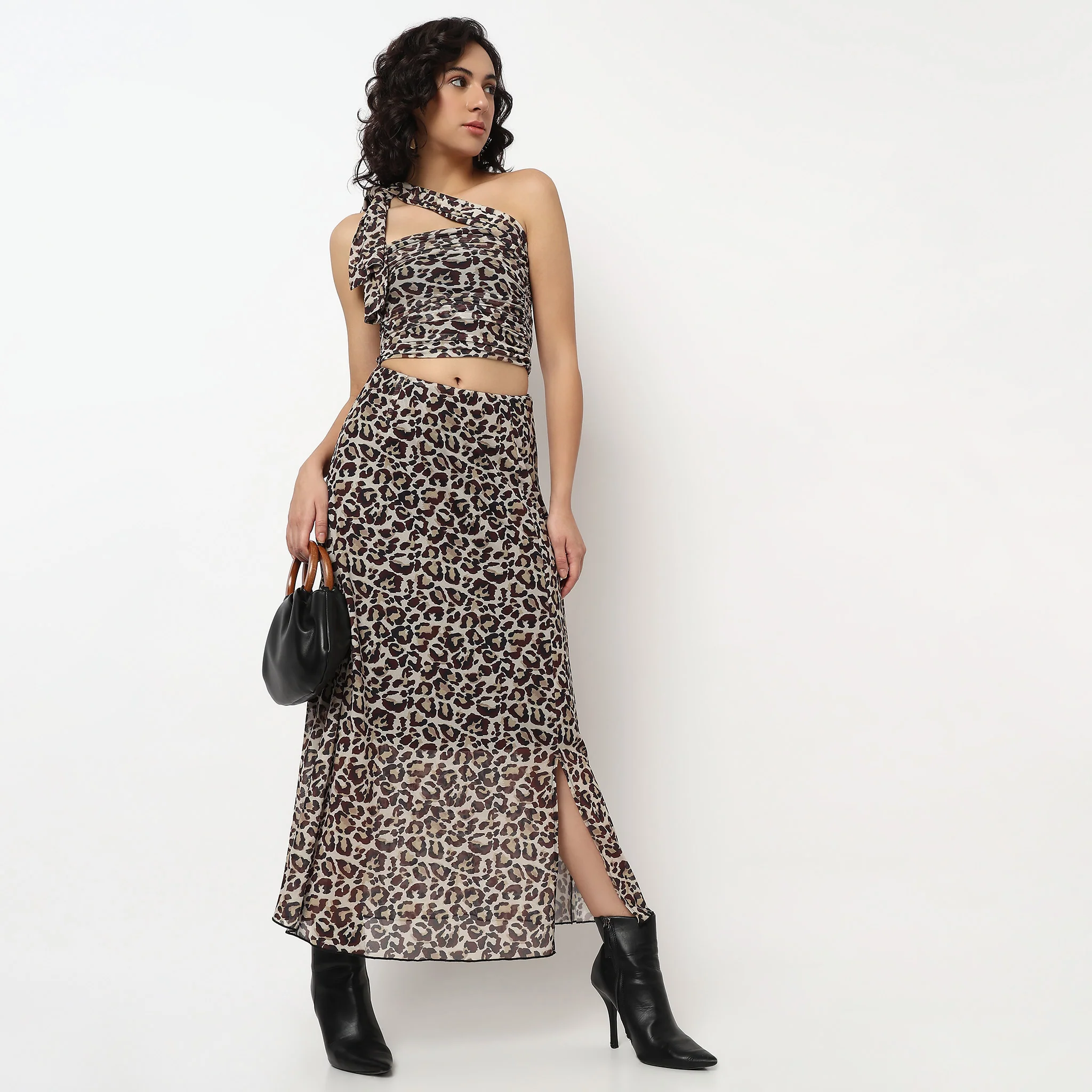 Animal Print Tube Top With Side Ruching And Strap Around The Neck