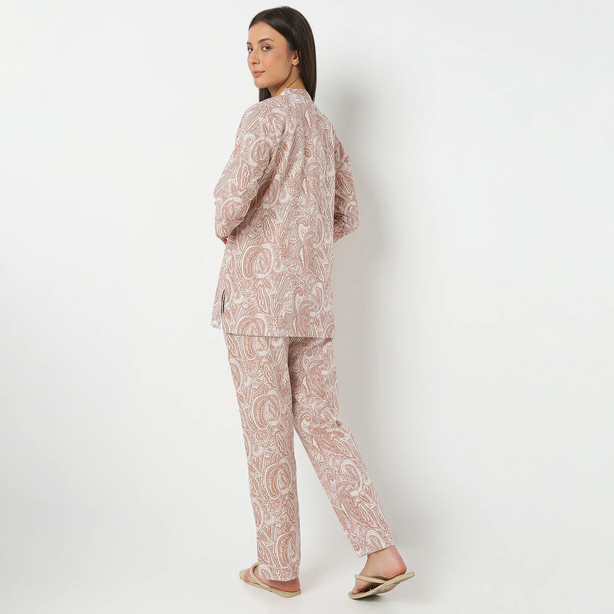 Band Collar Three-Fourth Sleeve Printed Jaipuri Top With Pyjama Sleepwear Set - Image 3