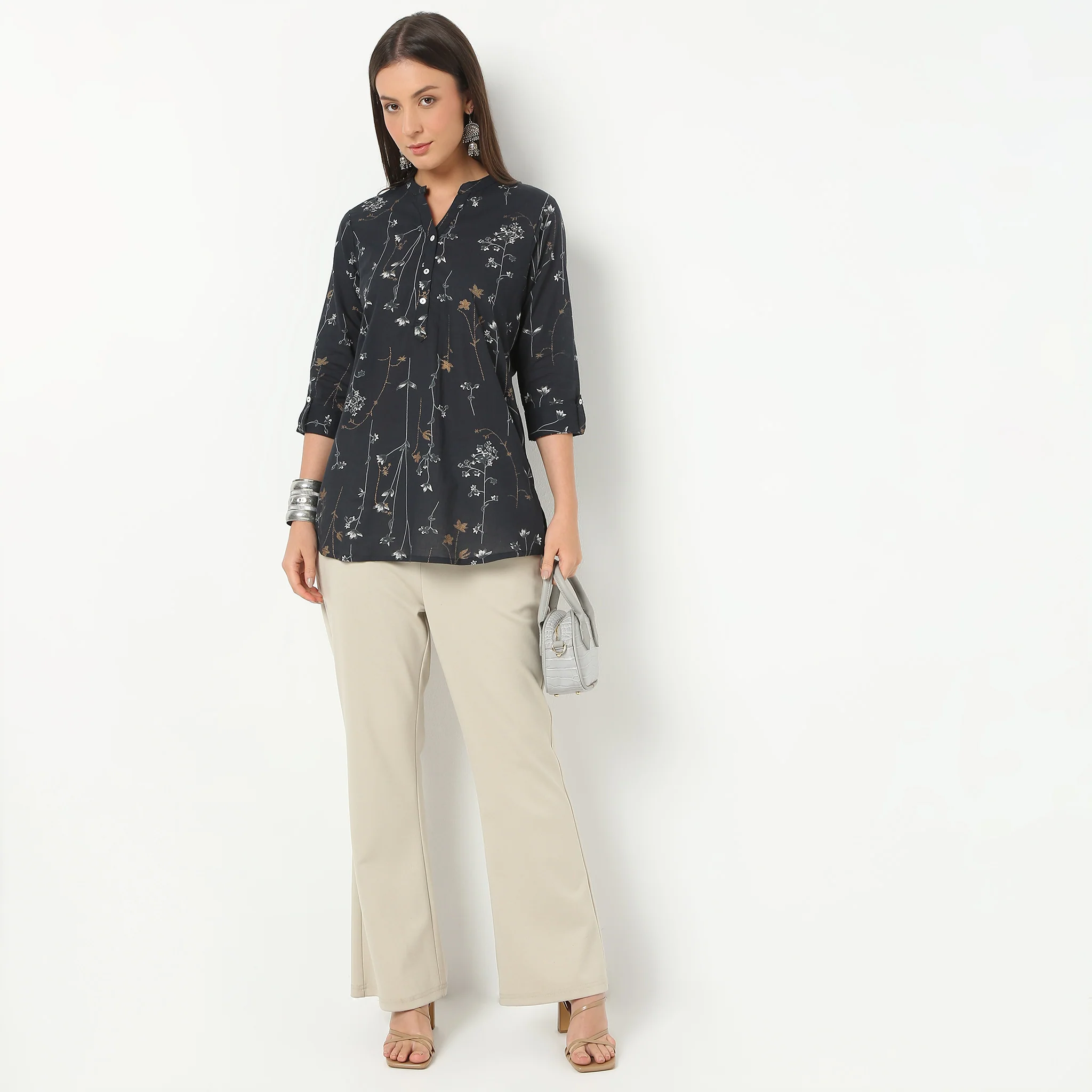 Band Neck Three-Fourth Sleeve Printed Straight Fit Short Kurta