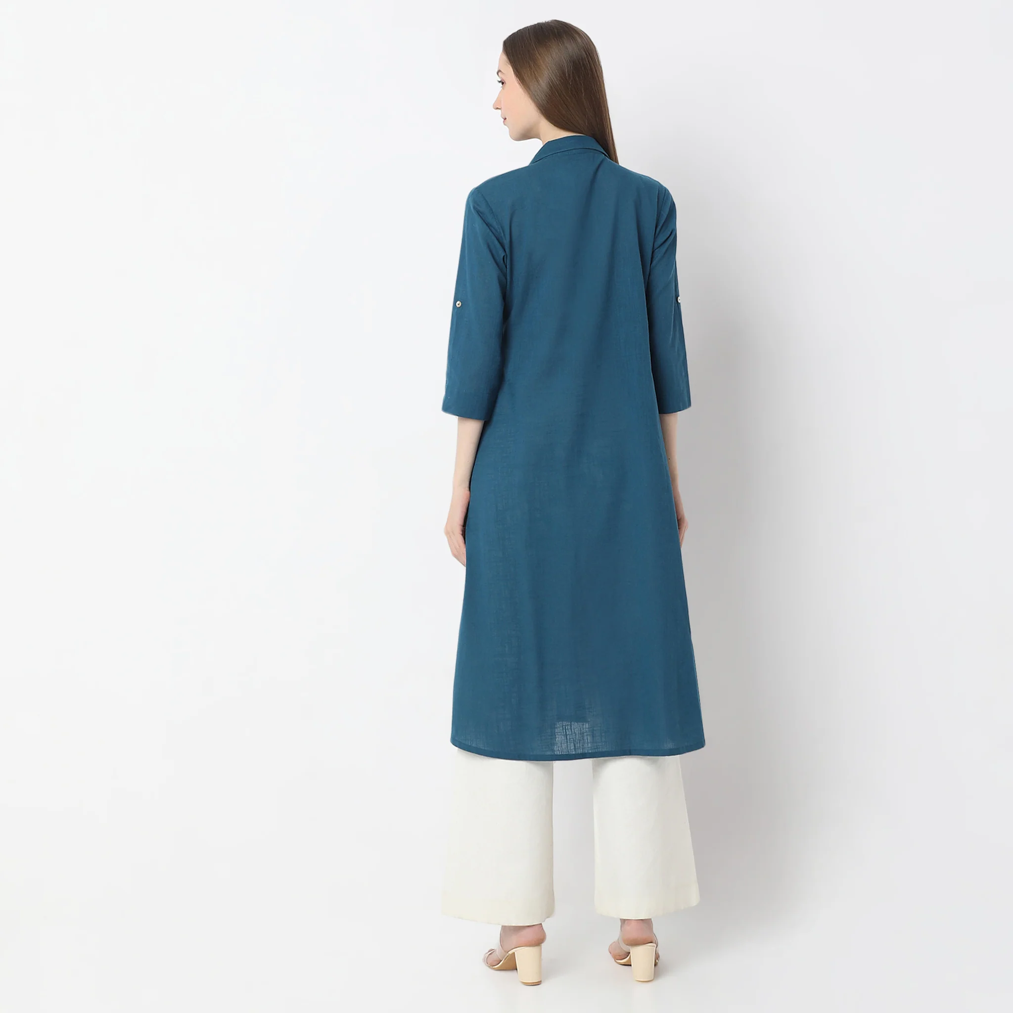 Below Knee Shirt Collar Flared Kurta - Image 3