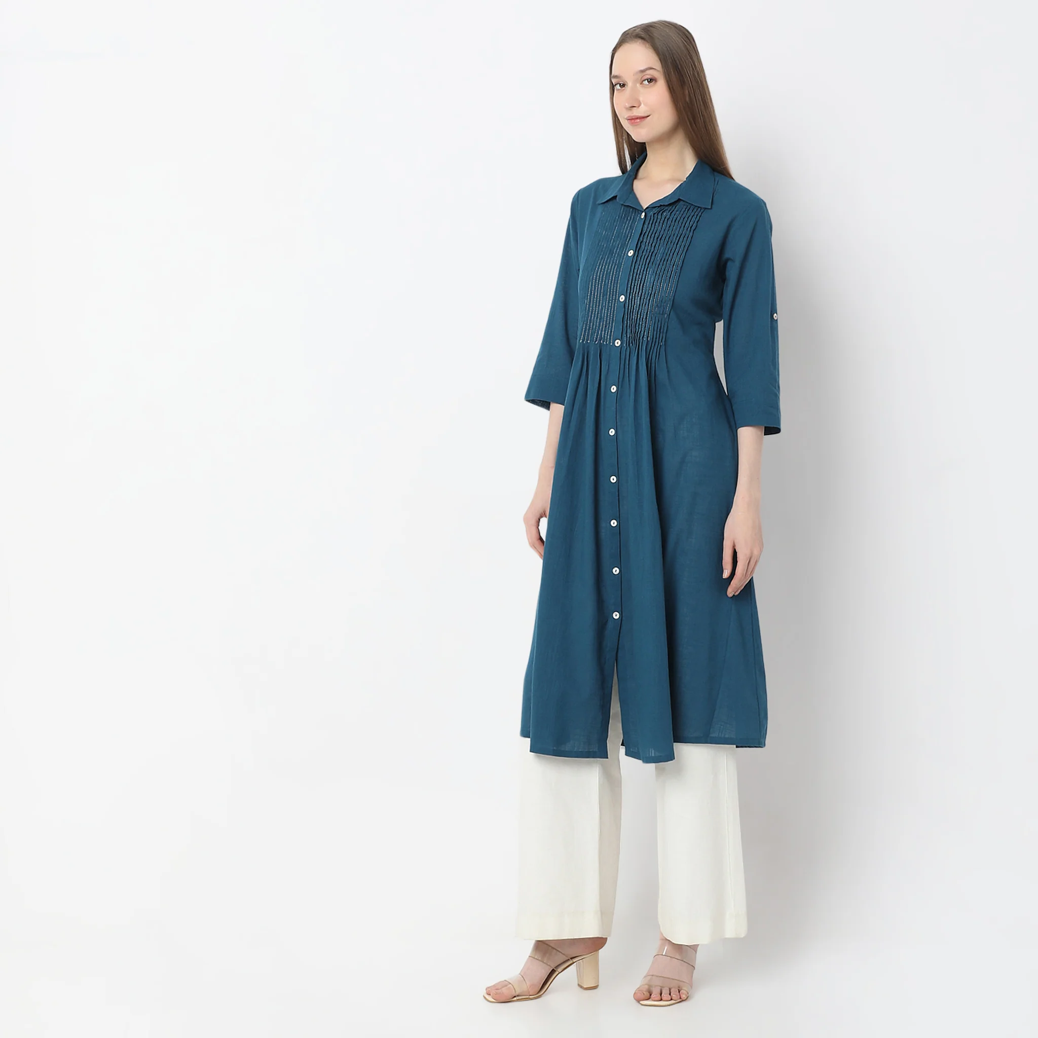 Below Knee Shirt Collar Flared Kurta - Image 5