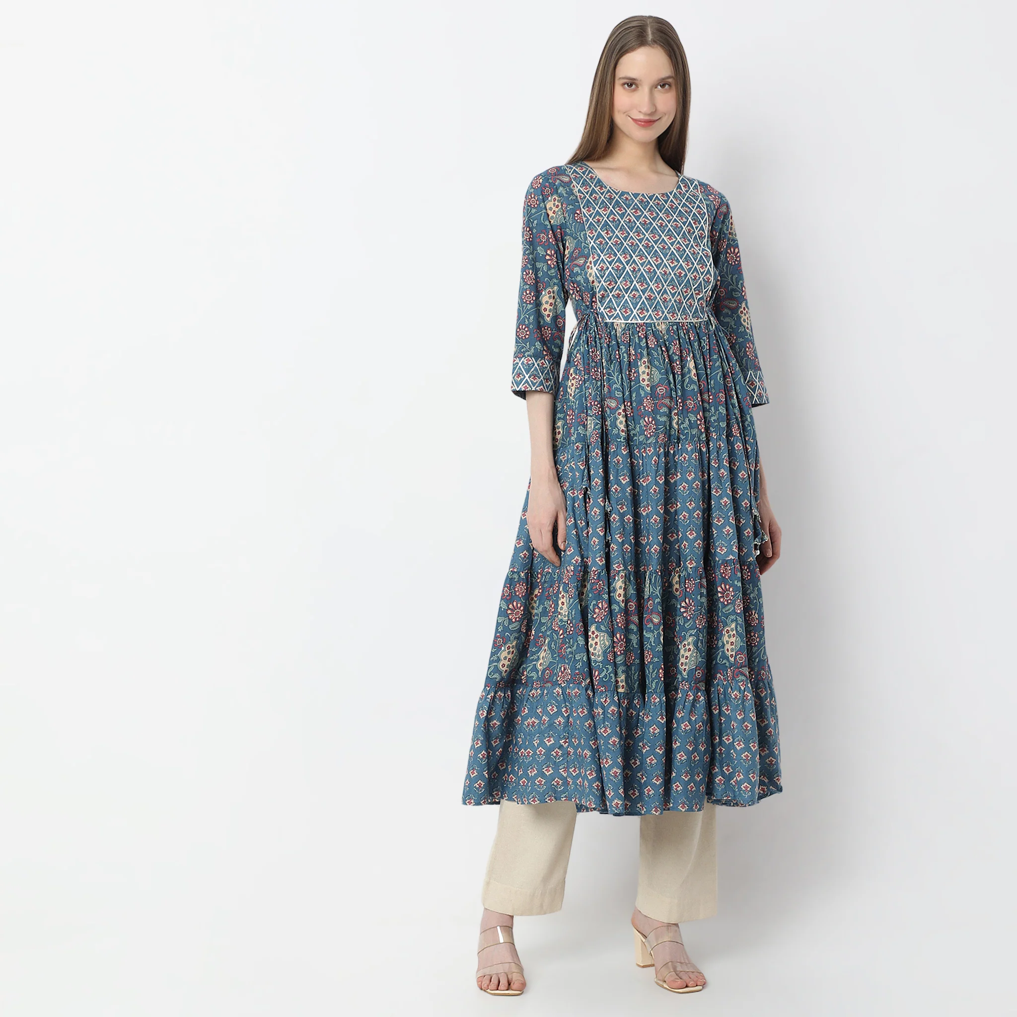 Below Knee Flare Fit Tiered Jaipuri Printed Kurta - Image 2