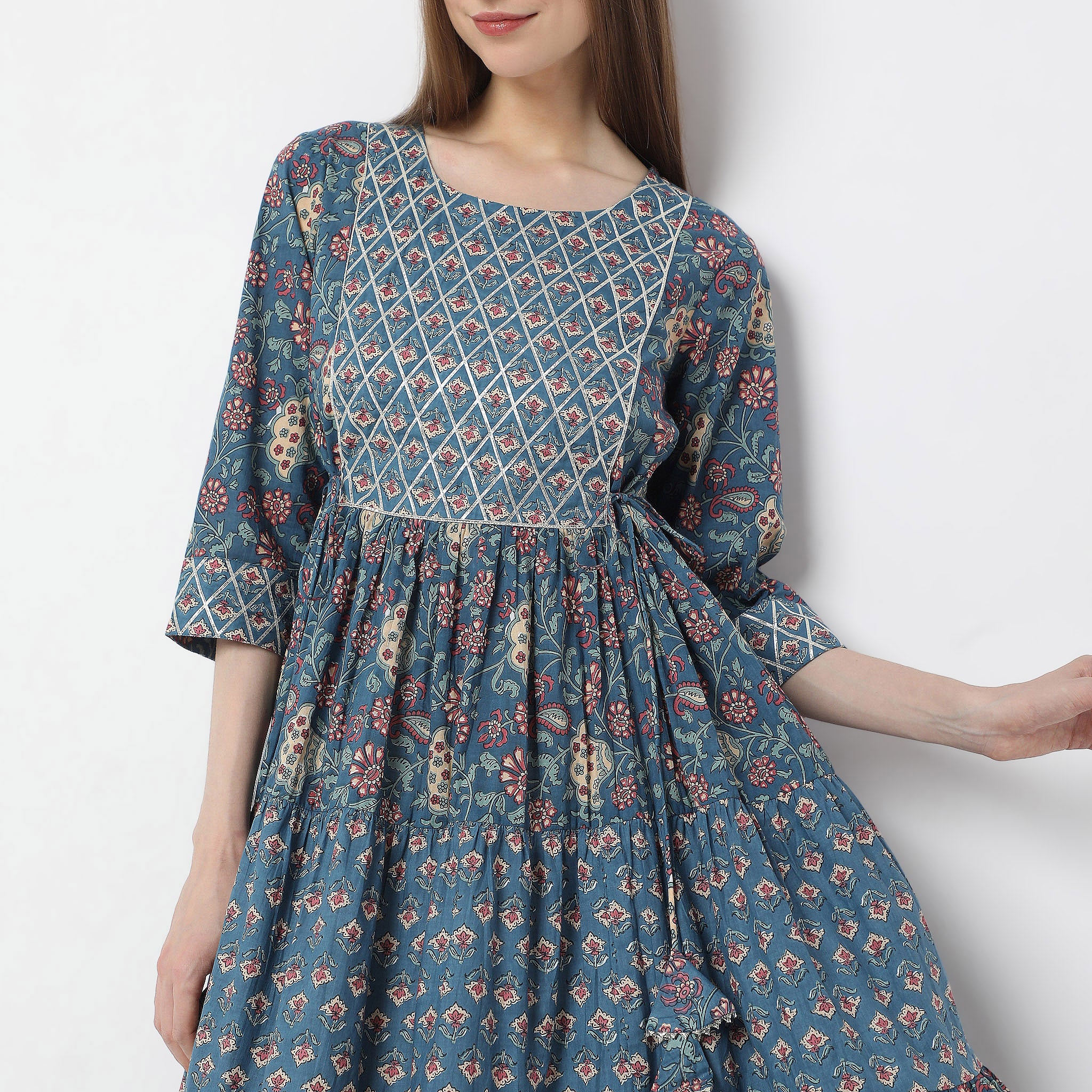 Below Knee Flare Fit Tiered Jaipuri Printed Kurta - Image 4