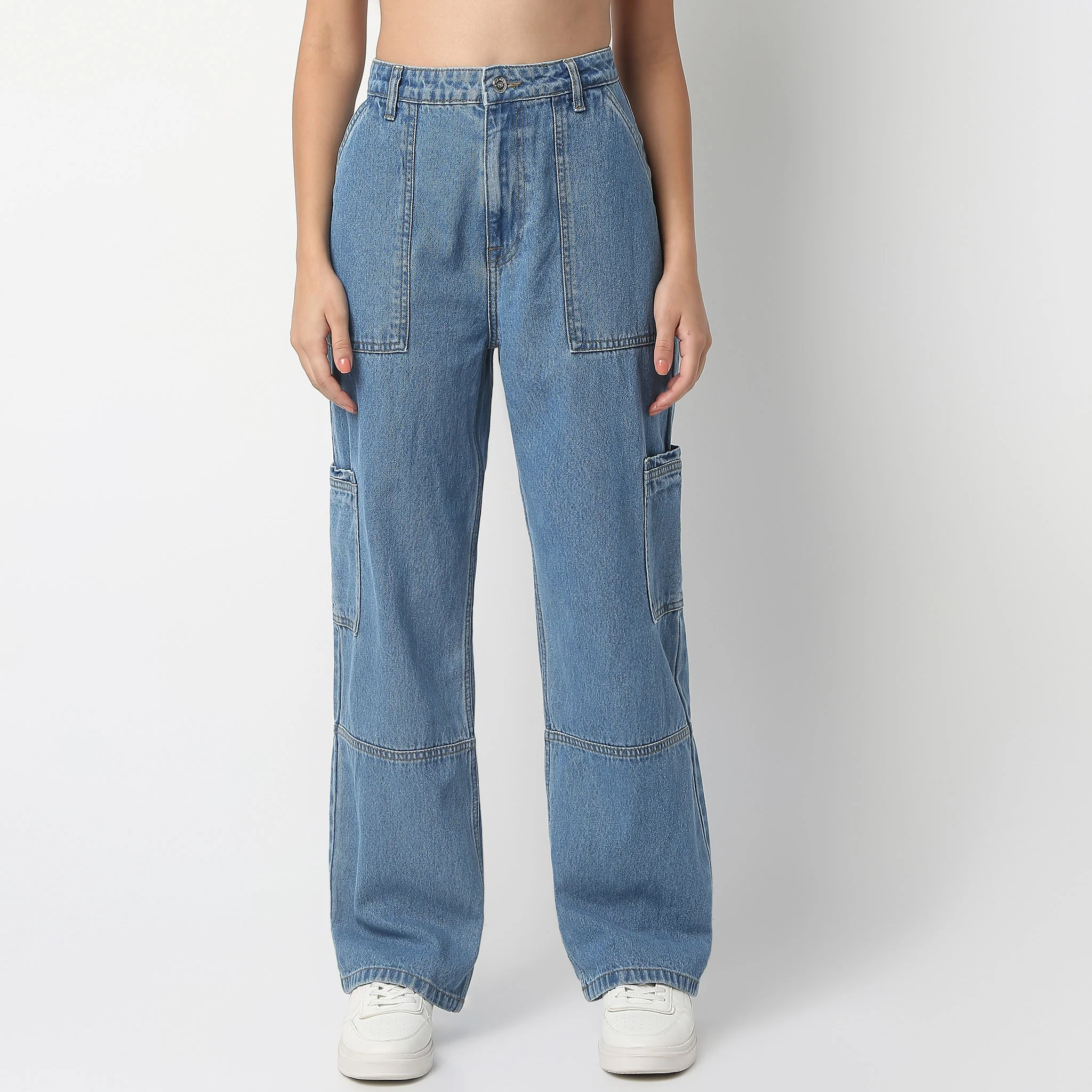 Full Length Boot Cut Solid Highwaist Patch Pocket Cargos - Image 6