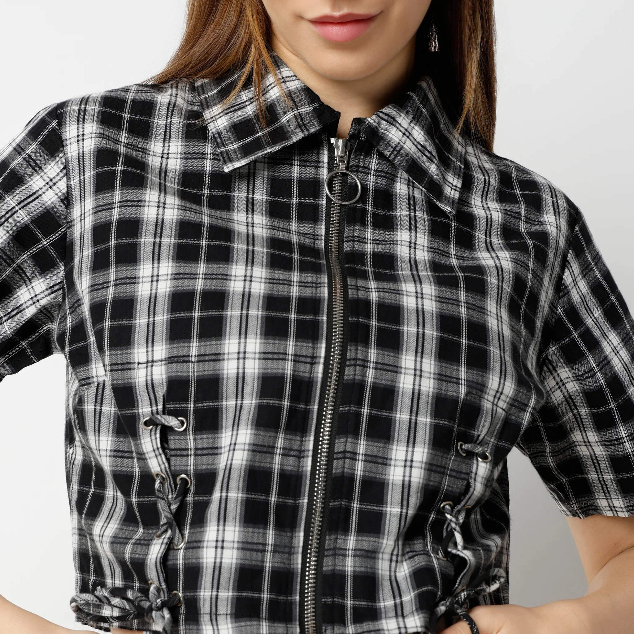 Boxy Fit Checkered Short Sleeve Crop Shirt With Front Lace Tying - Image 4