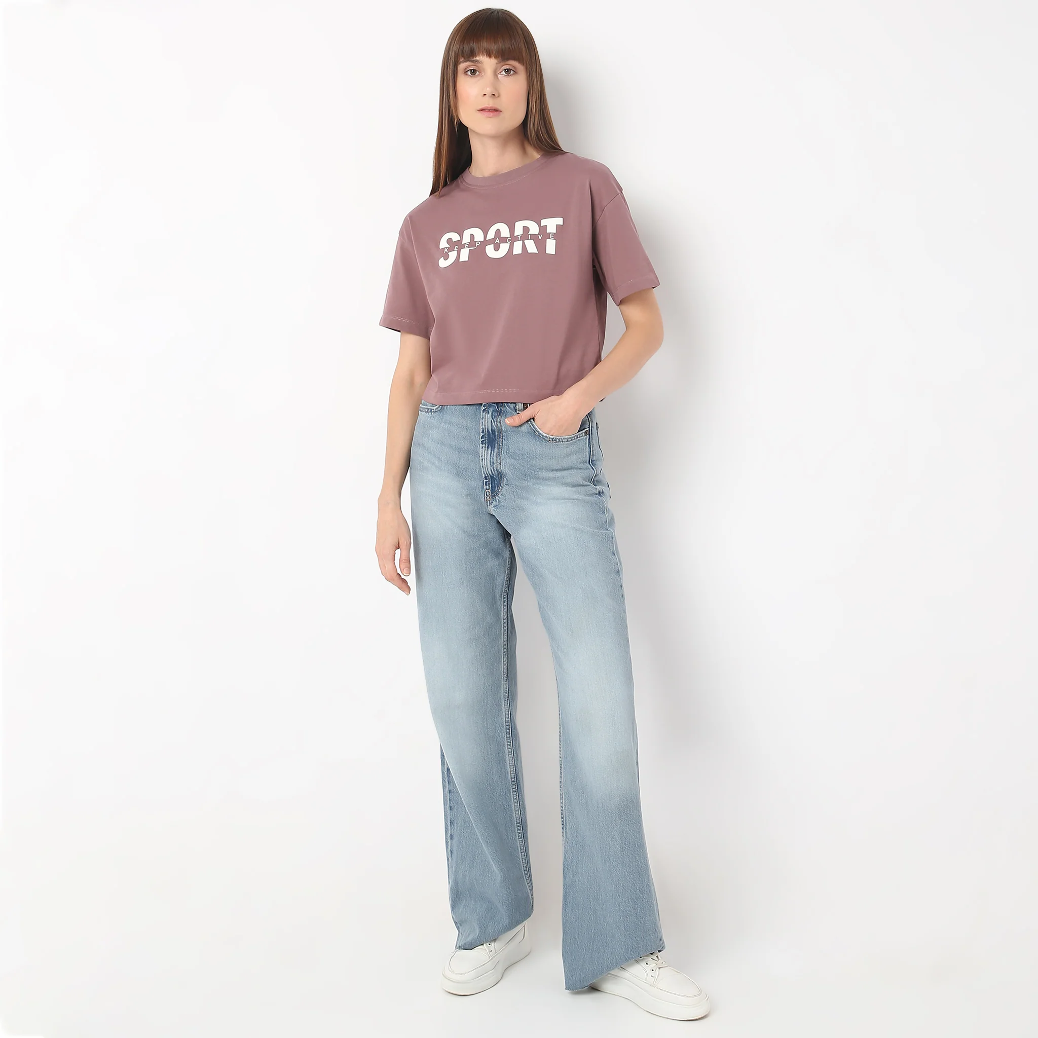 Boxy Fit Round Neck Performance Graphic Crop T-Shirt