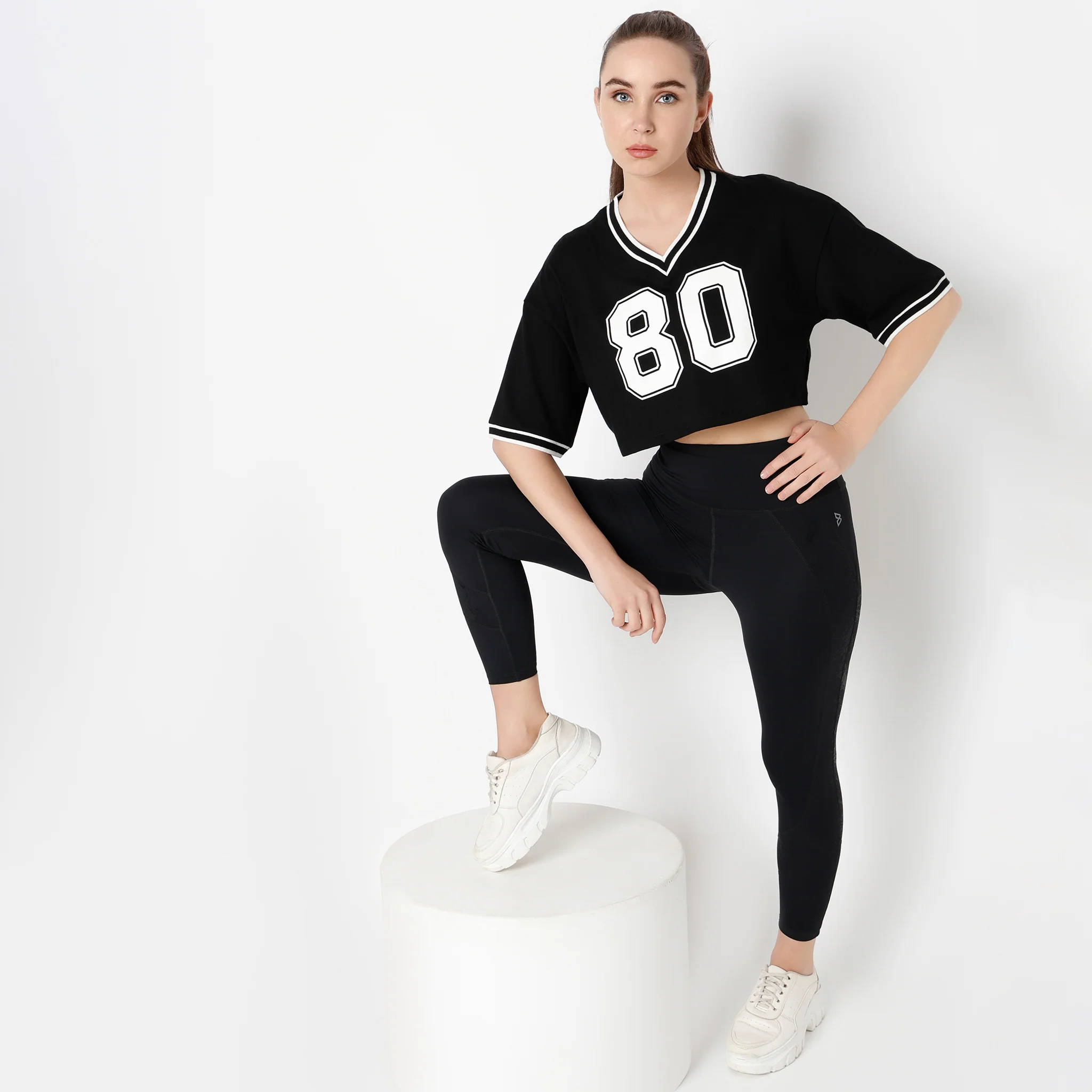 V-Neck Boxy Fit Graphic Athleisure Crop T-Shirt