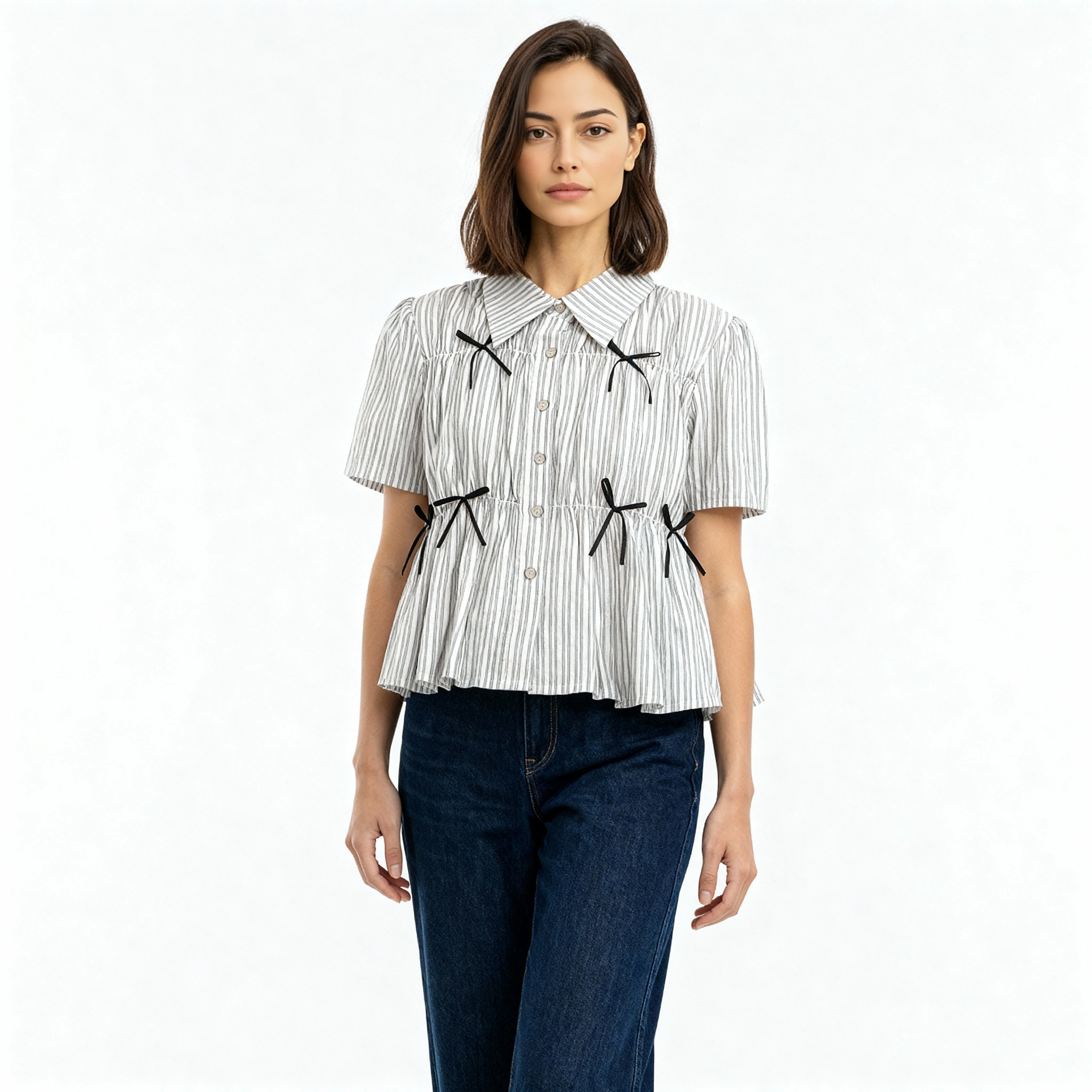 Boxy Fit Striped Shirt With Pleating and Bow Detail - Image 2