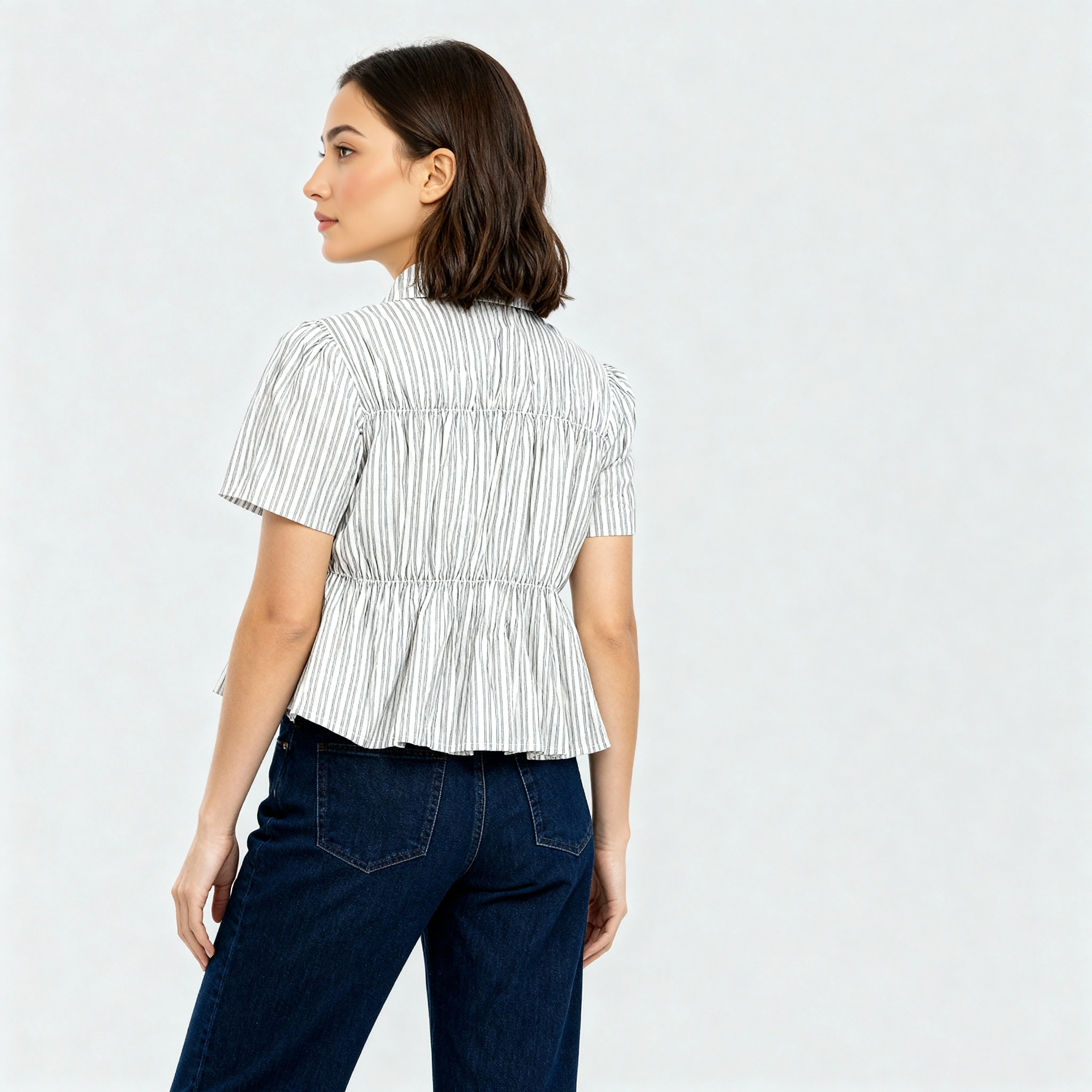 Boxy Fit Striped Shirt With Pleating and Bow Detail - Image 3