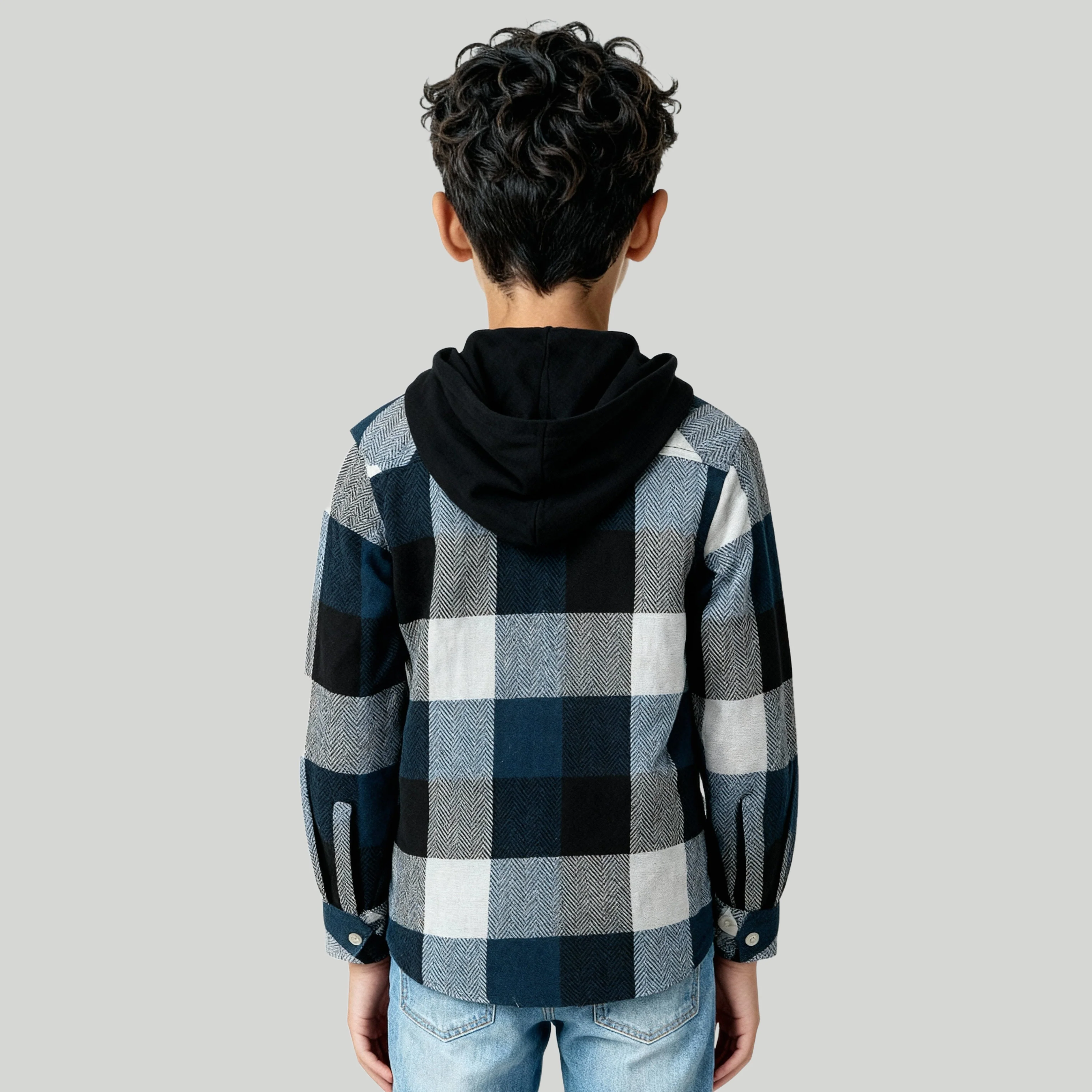 Boys Cotton Checkered Hoodie Shirt - Image 3