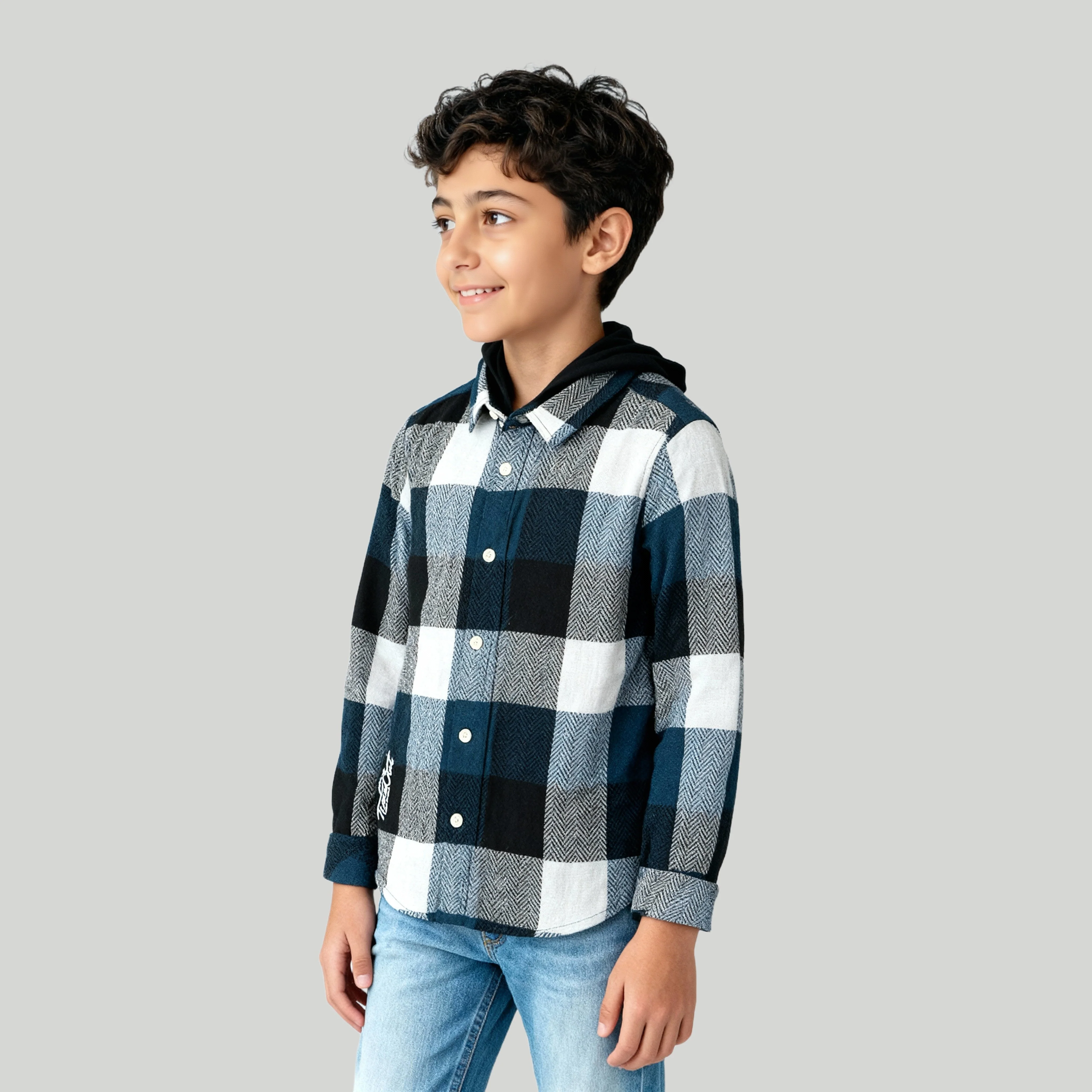 Boys Cotton Checkered Hoodie Shirt - Image 5