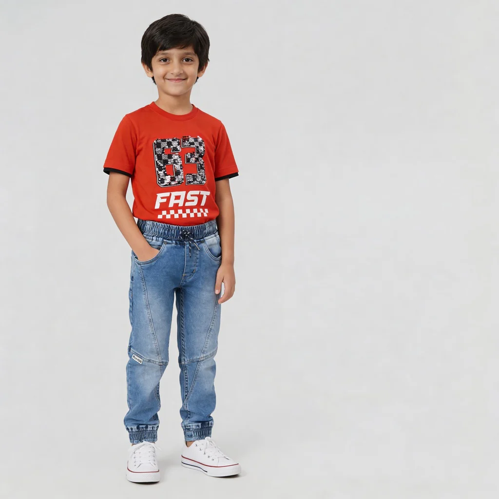 Boys Havily Washed Denim Jogger With Cut and Sew Details