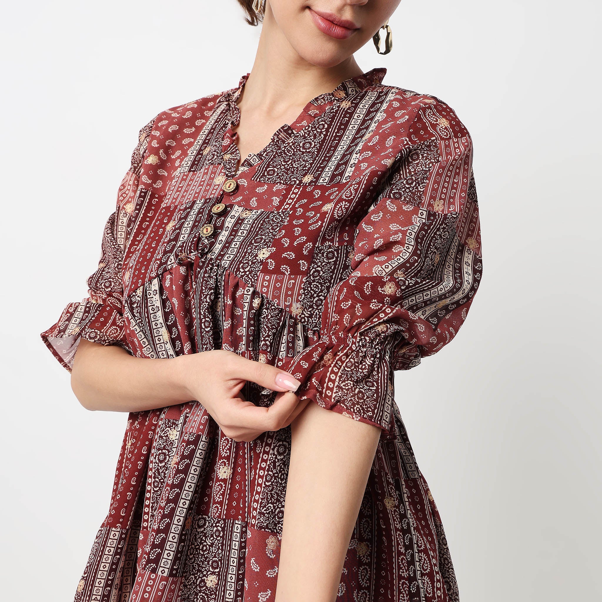 Button Down W Cut Ruffle Neckline Top - Image 4