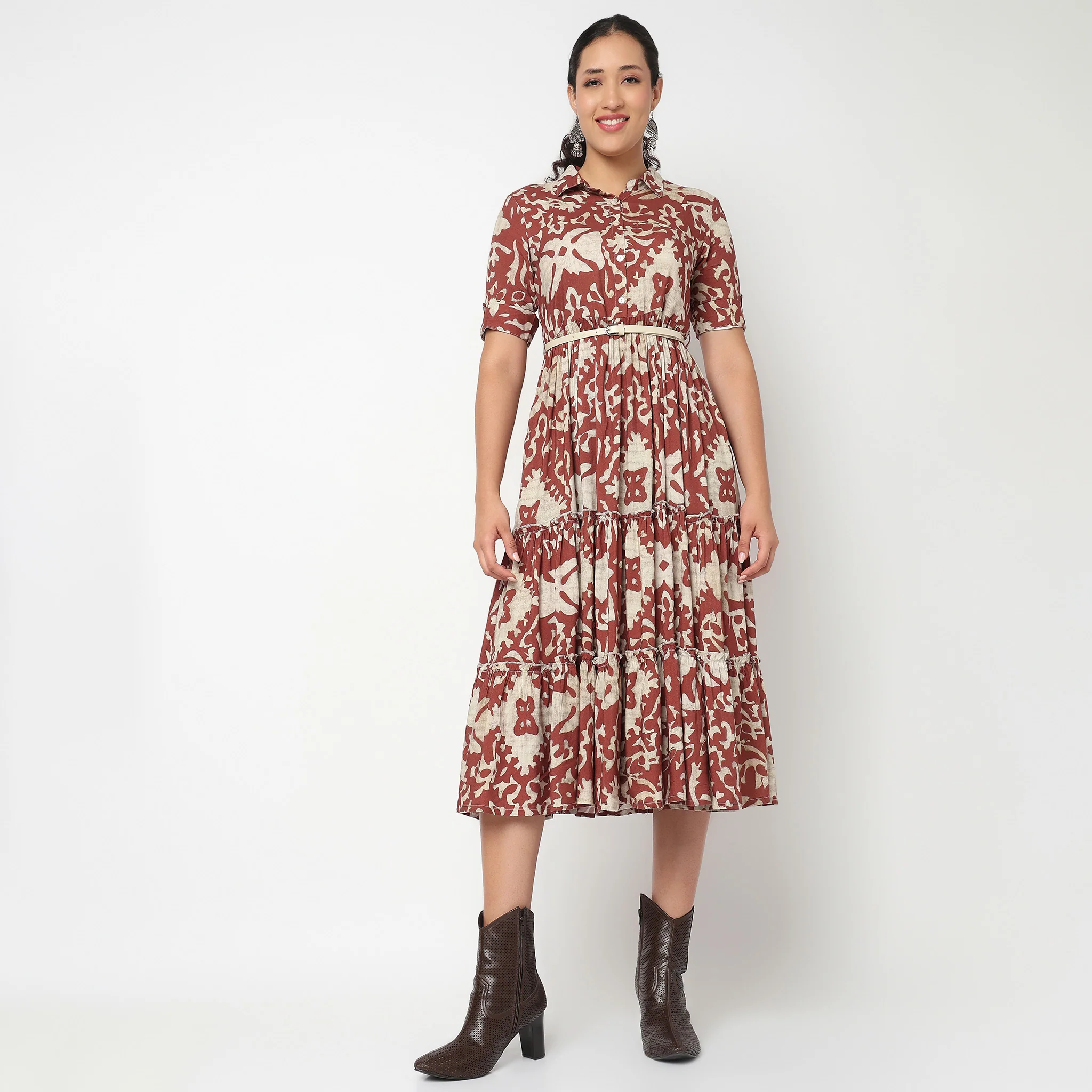 Camp Collar Tiered Floral Dress with Belt - Image 2