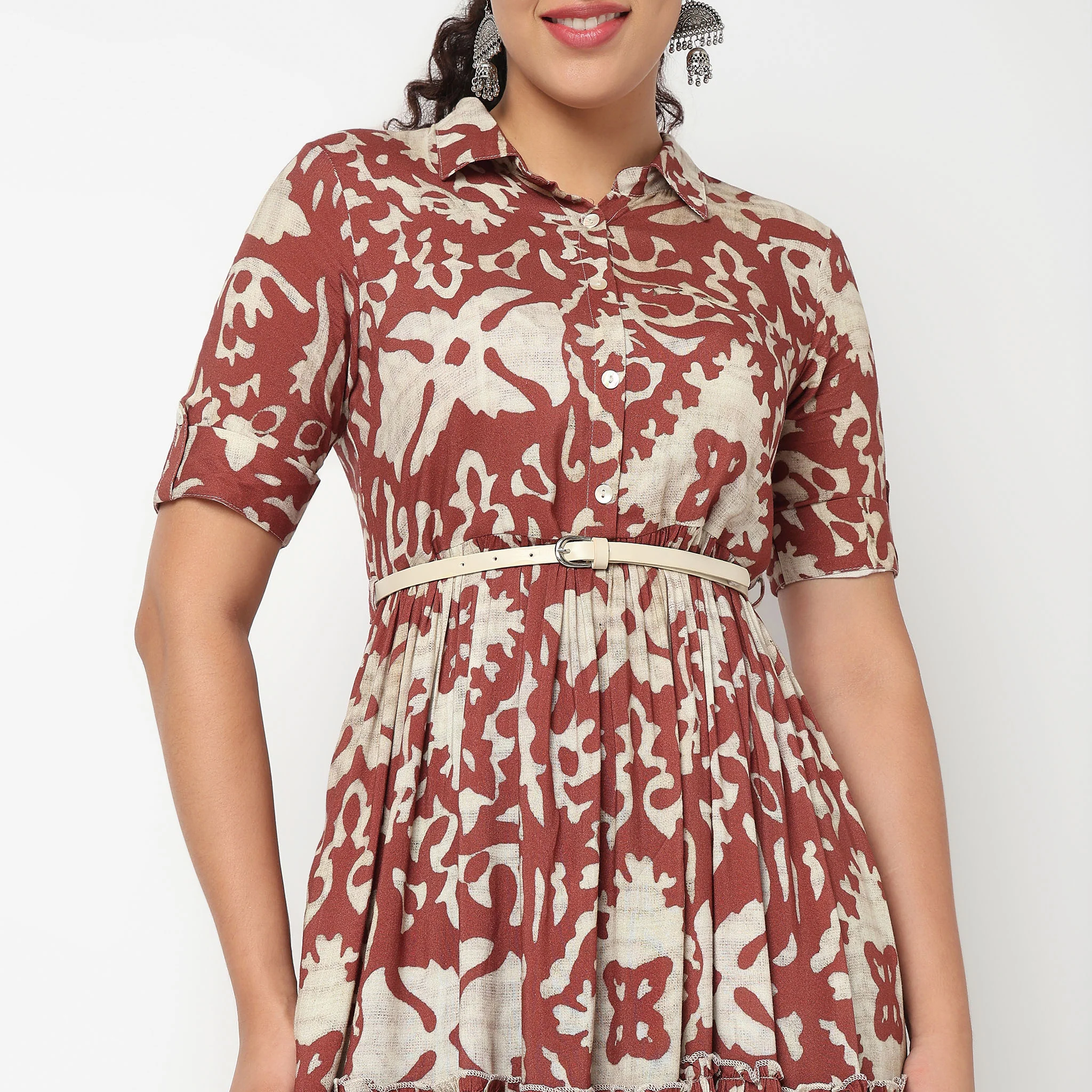 Camp Collar Tiered Floral Dress with Belt - Image 4