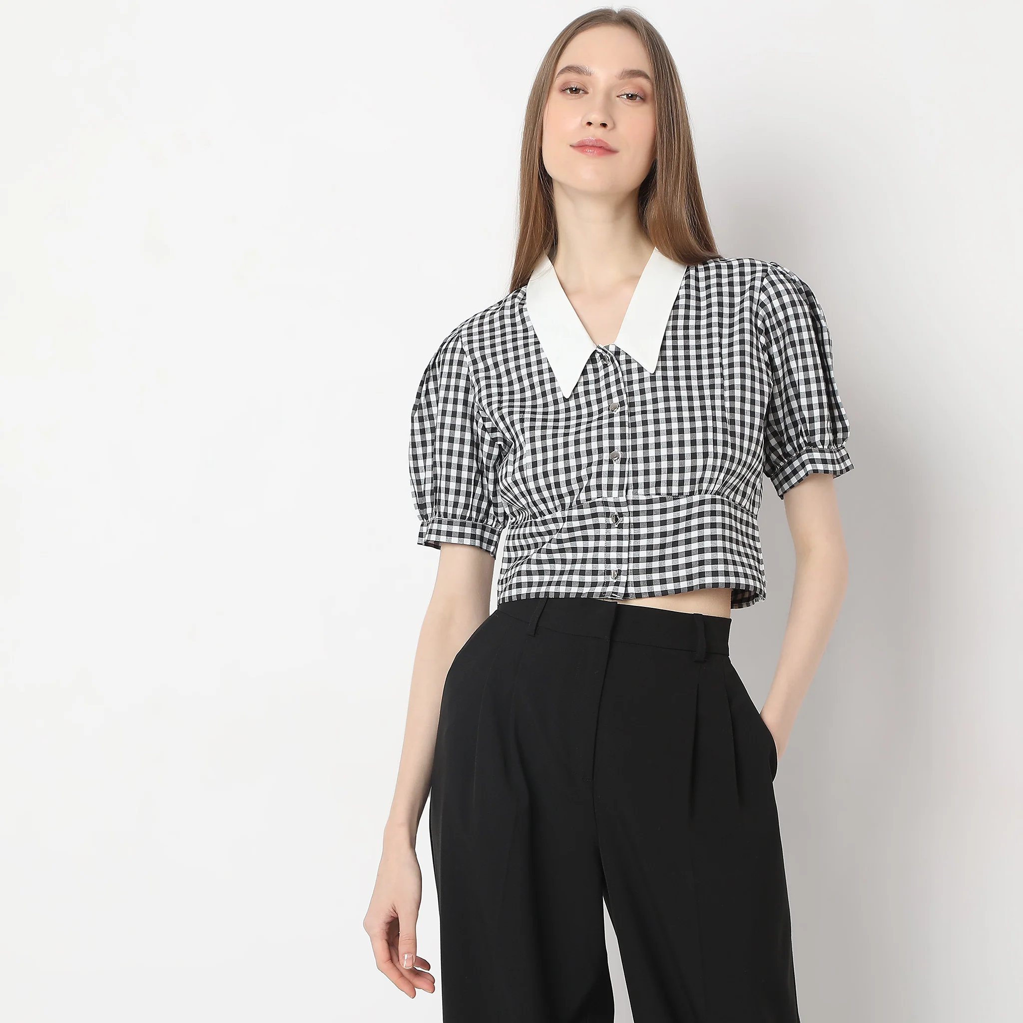 Checkered Gingham White Collar Puff Sleeve Crop Top - Image 2