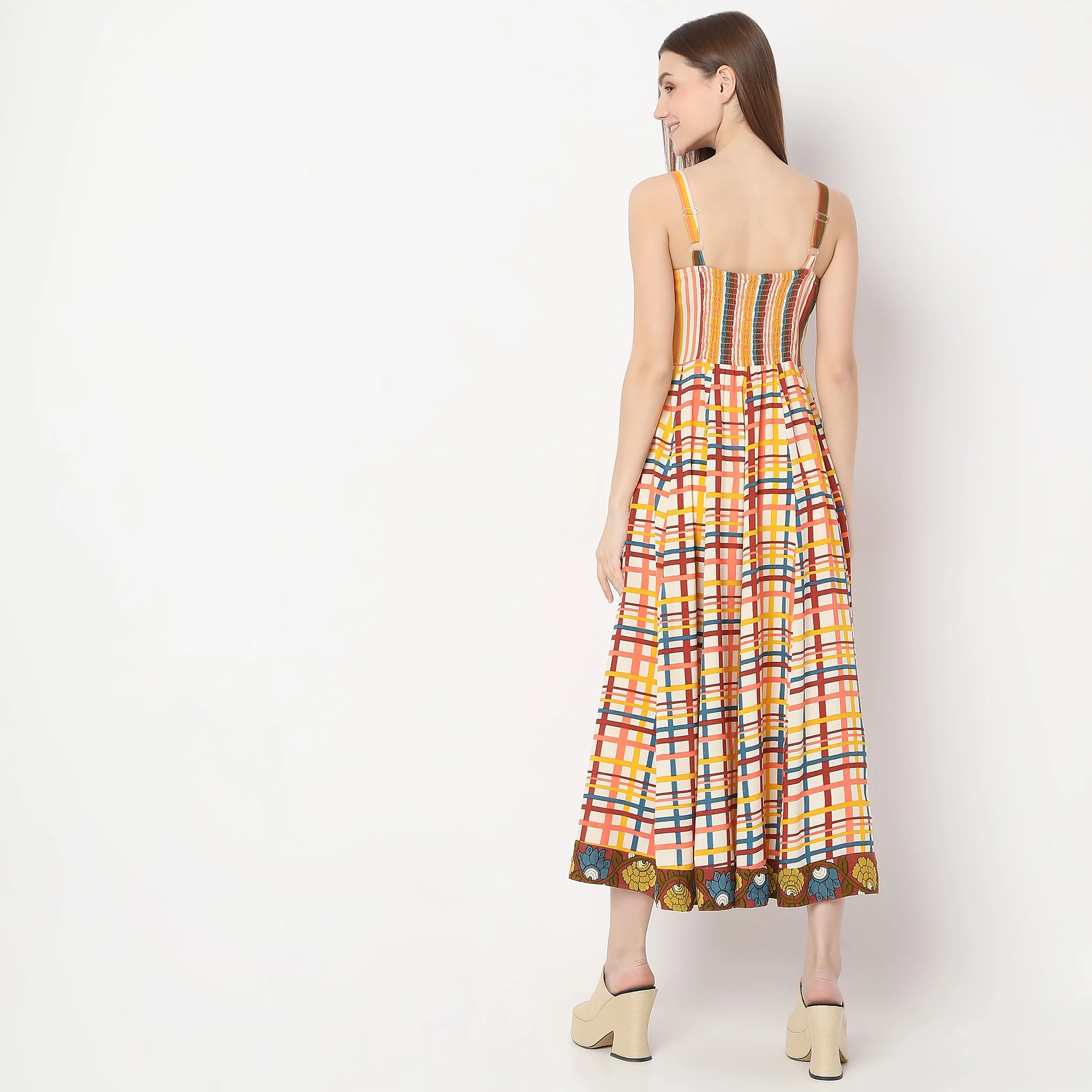 Chivron Print Back Ruched Below Knee Shoulder Straps Flared Hem Tiered Dress - Image 3