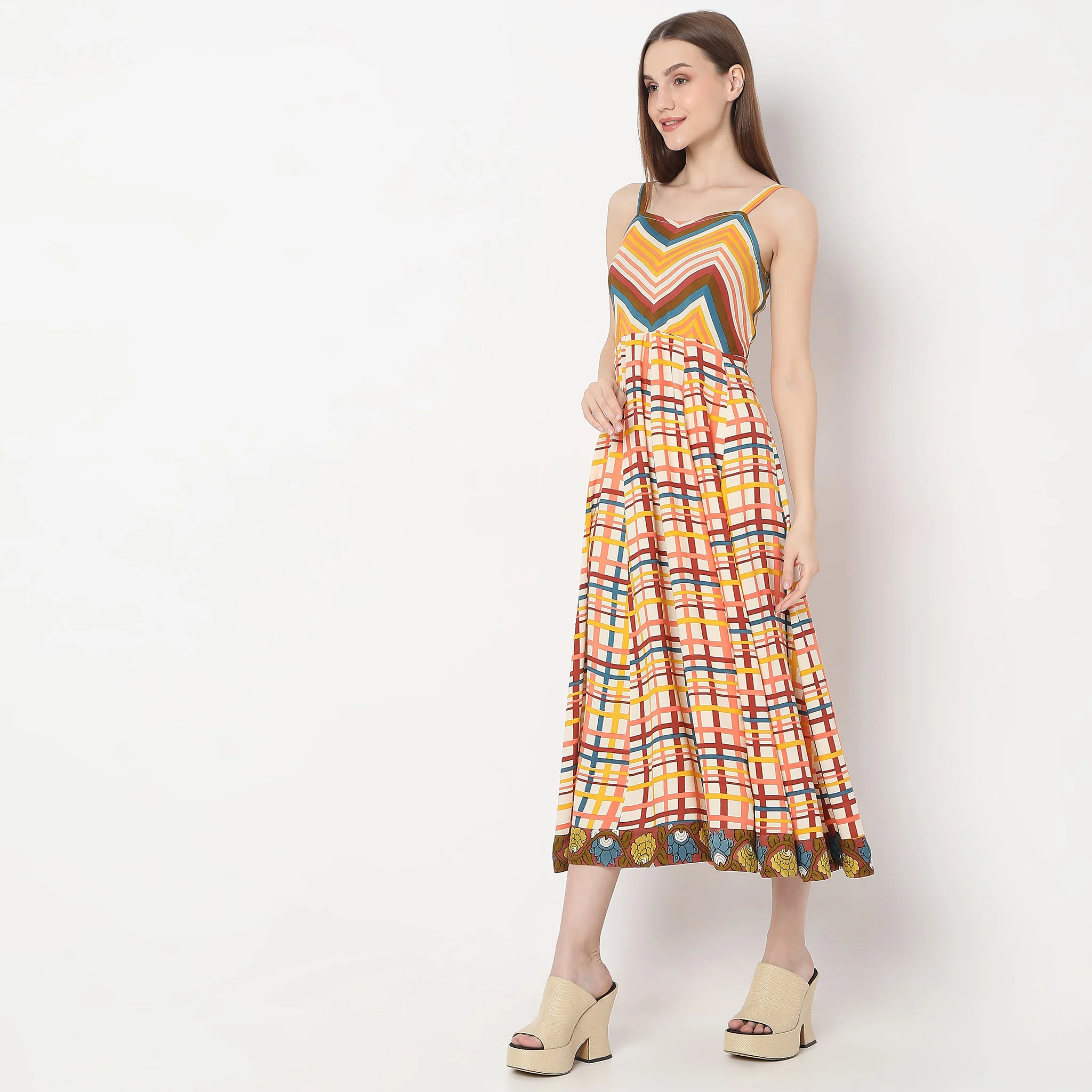 Chivron Print Back Ruched Below Knee Shoulder Straps Flared Hem Tiered Dress - Image 5