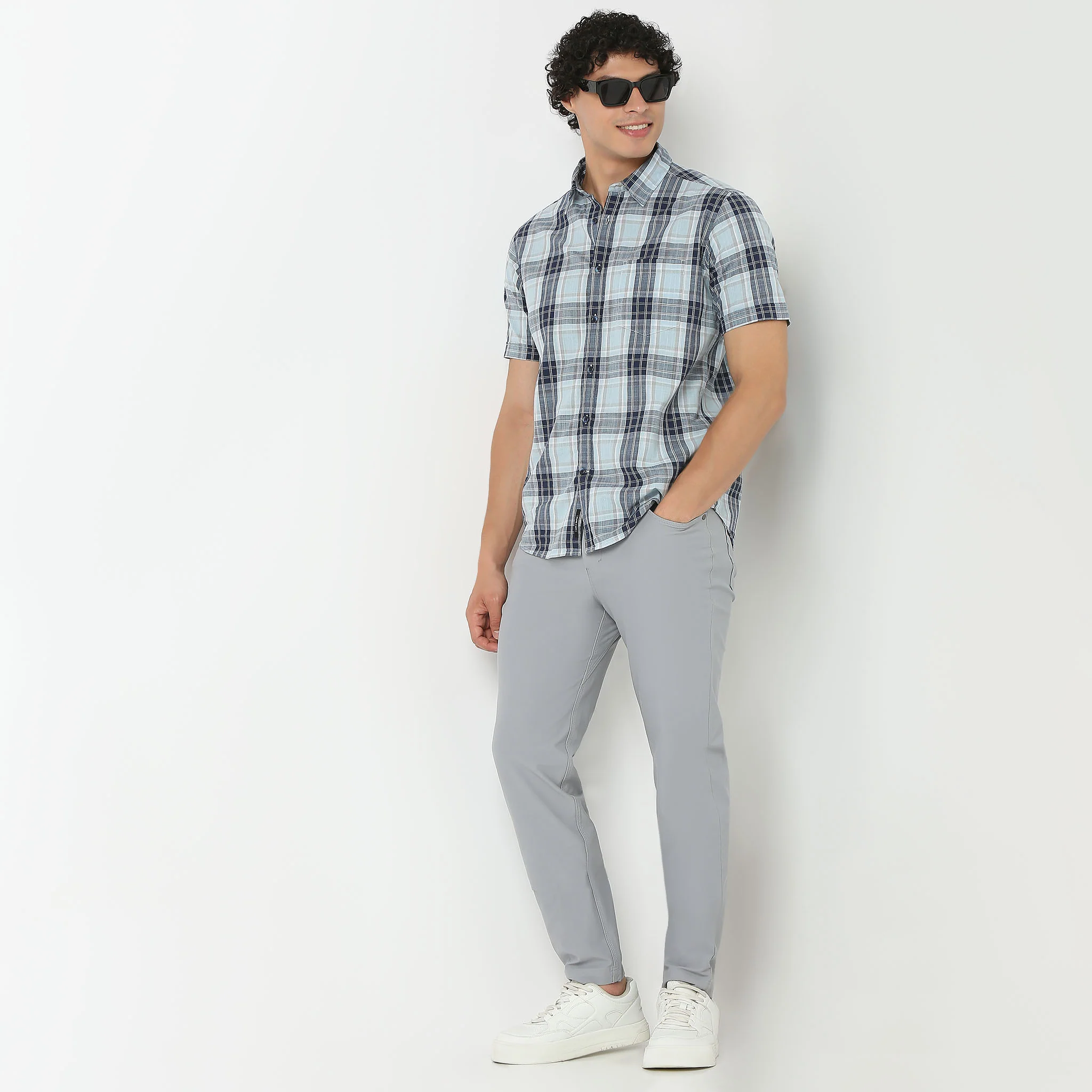 Shirt Collar Half Sleeve Checkered Country Slub Shirt