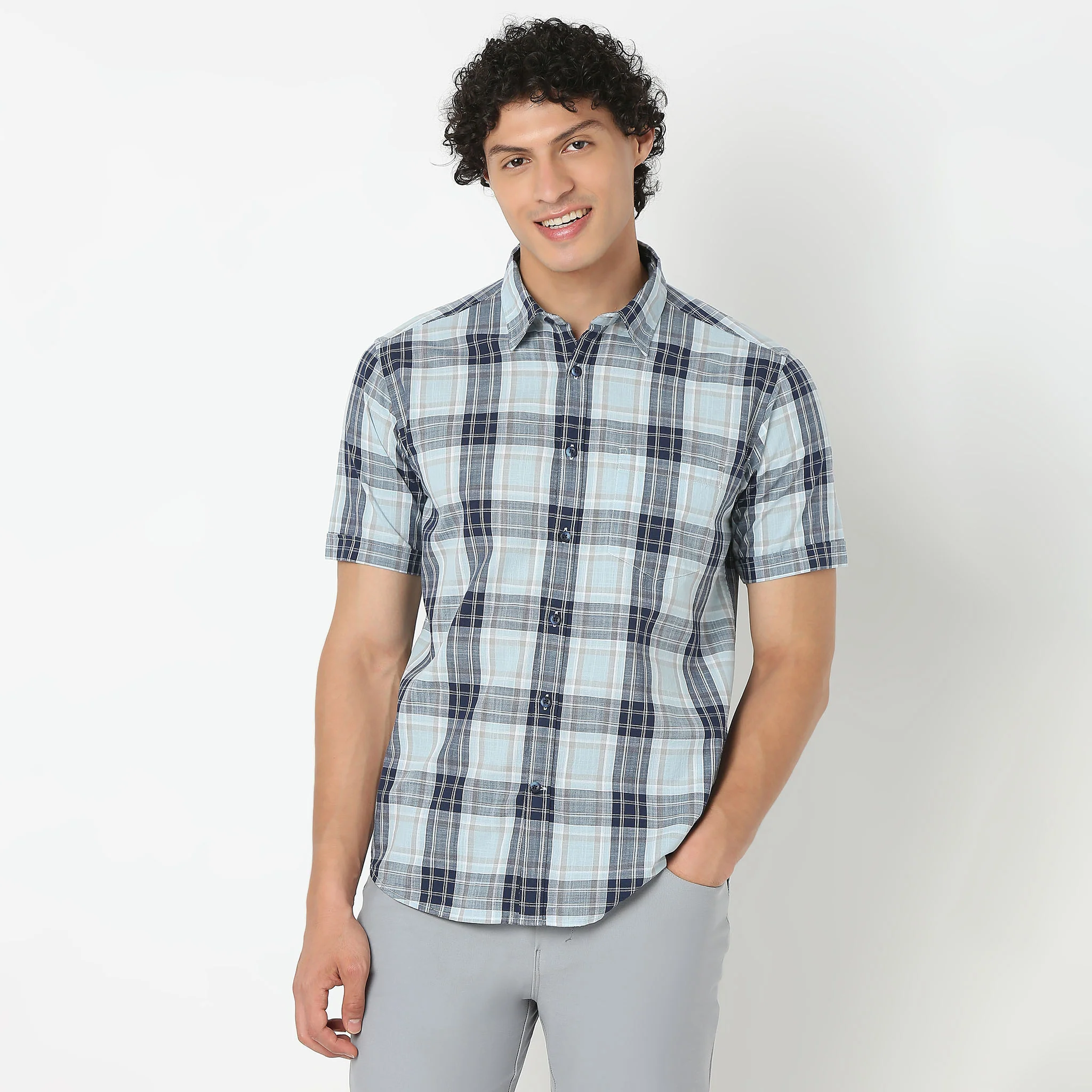 Shirt Collar Half Sleeve Checkered Country Slub Shirt - Image 2
