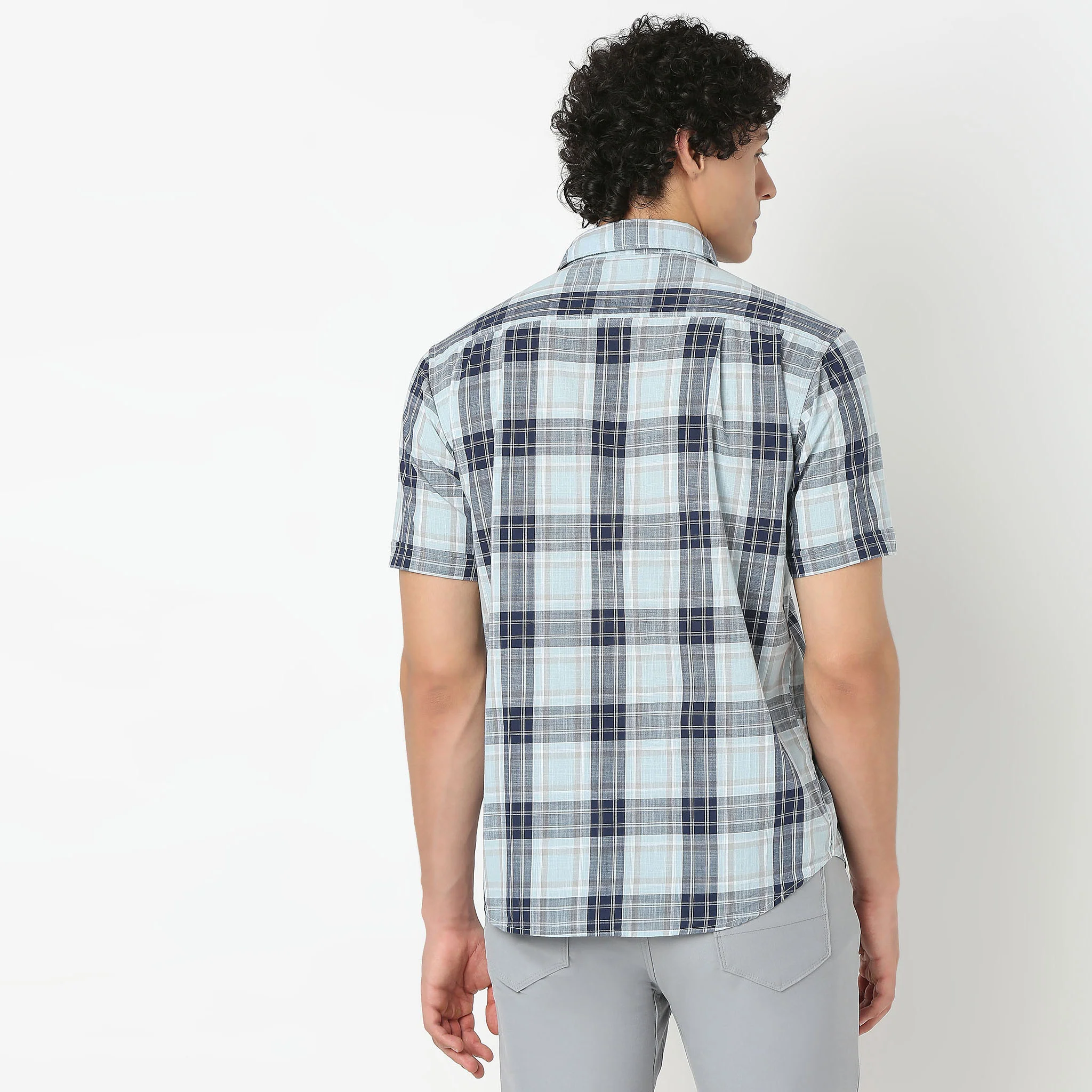 Shirt Collar Half Sleeve Checkered Country Slub Shirt - Image 3