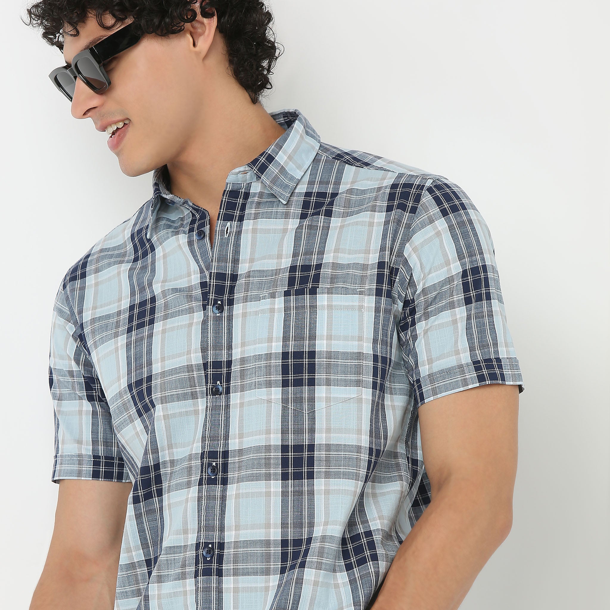 Shirt Collar Half Sleeve Checkered Country Slub Shirt - Image 4