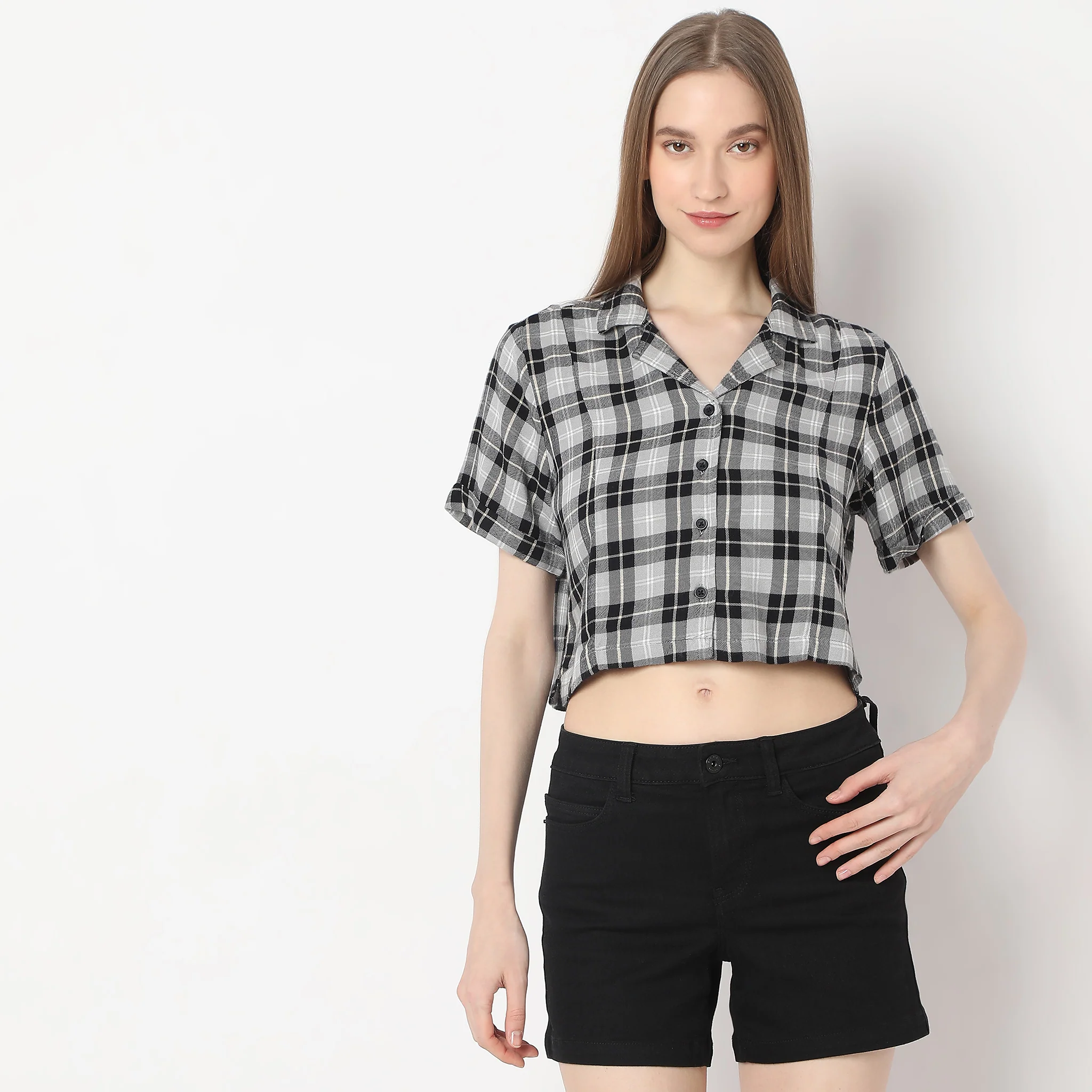 Comfort Fit Checkered Lapel Collar With Front Button Opening Short Sleeve Crop Shirt - Image 2