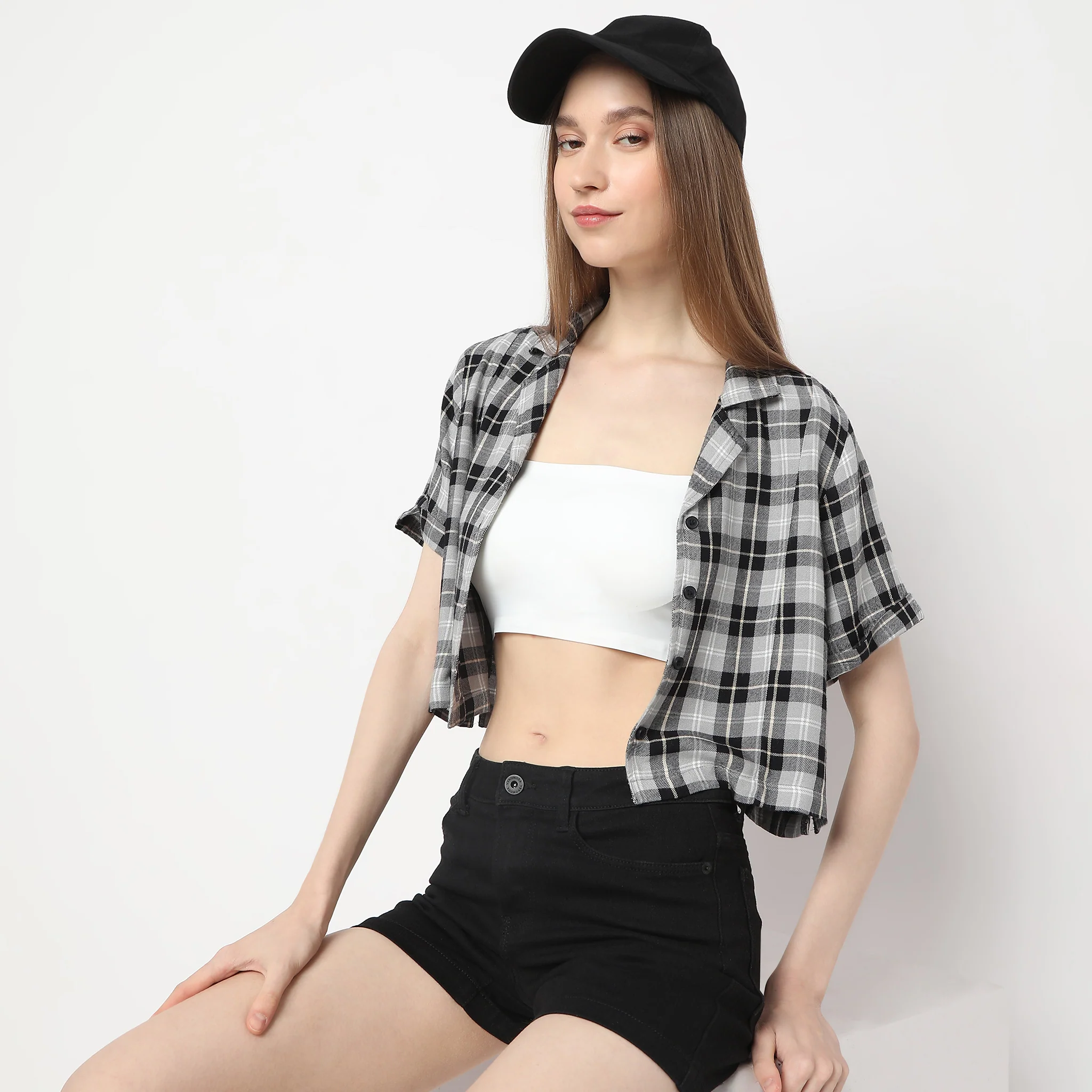 Comfort Fit Checkered Lapel Collar With Front Button Opening Short Sleeve Crop Shirt - Image 5