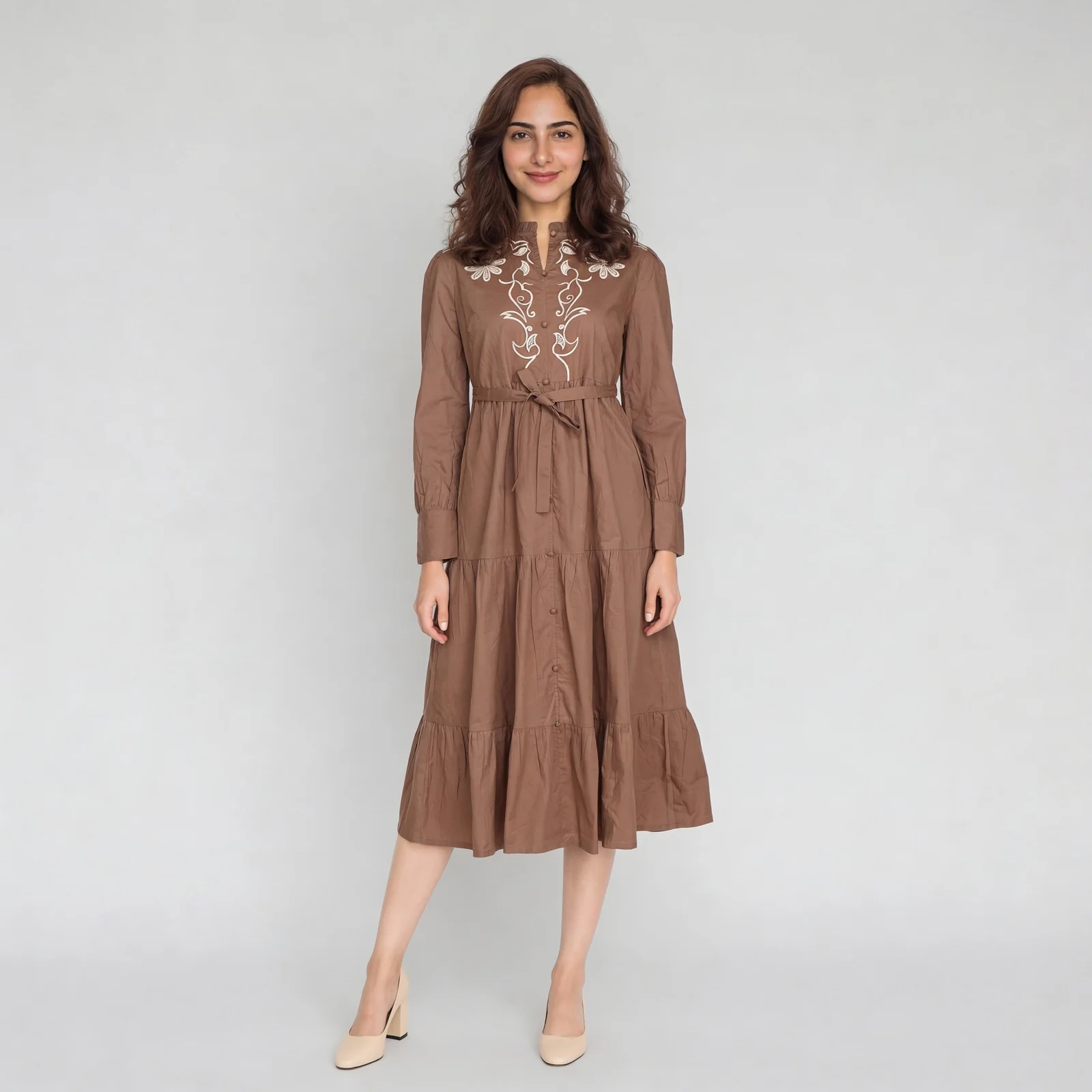 Embroidered Band Neck Flare Fit Dress - Image 2