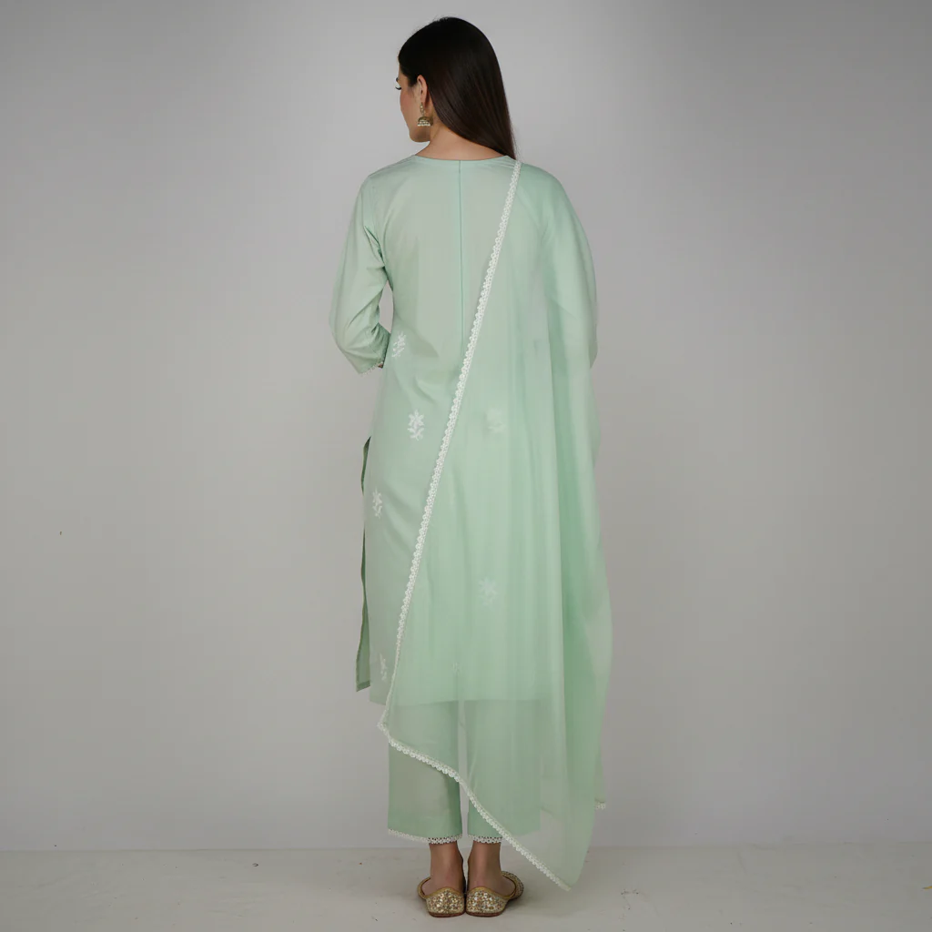 Cotton Embroidered Kurta with Pant and Dupatta Set - Image 3