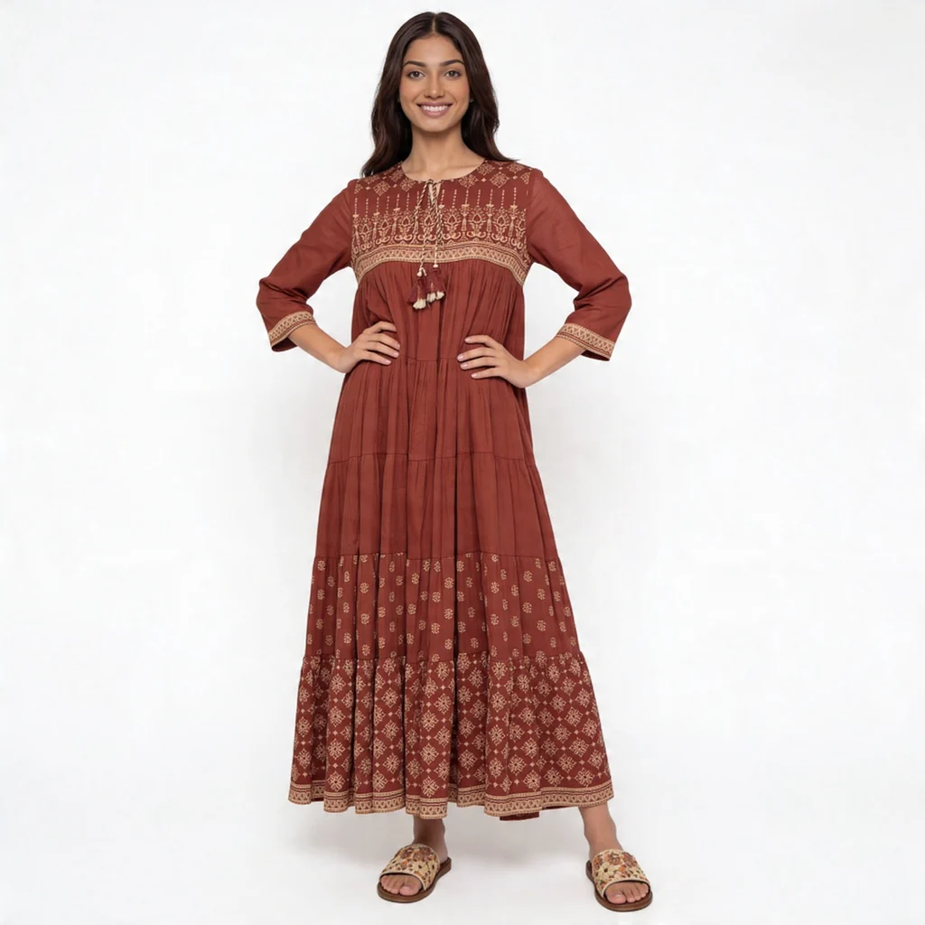 Cotton Embroidered Tiered Kurta - Image 2