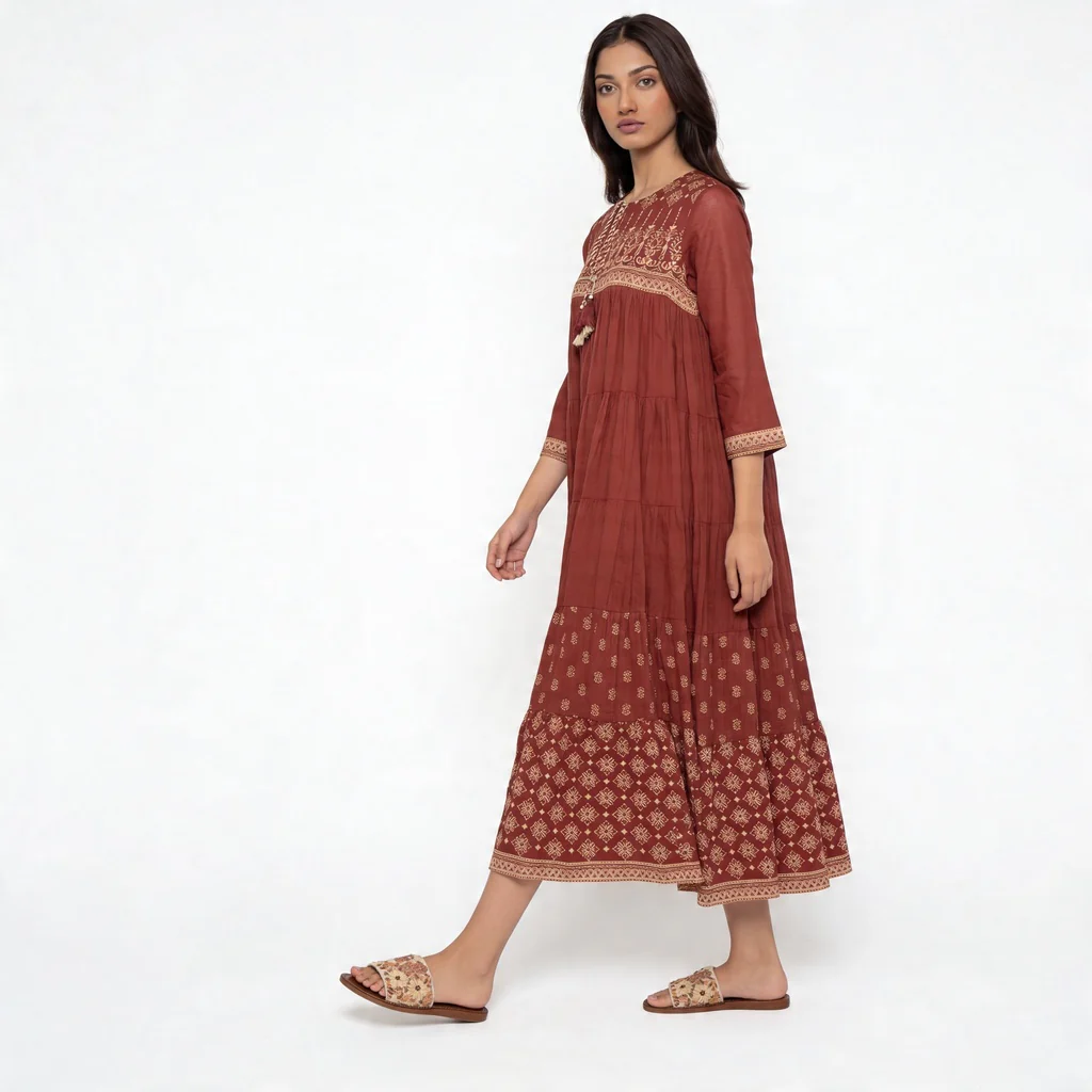 Cotton Embroidered Tiered Kurta - Image 5