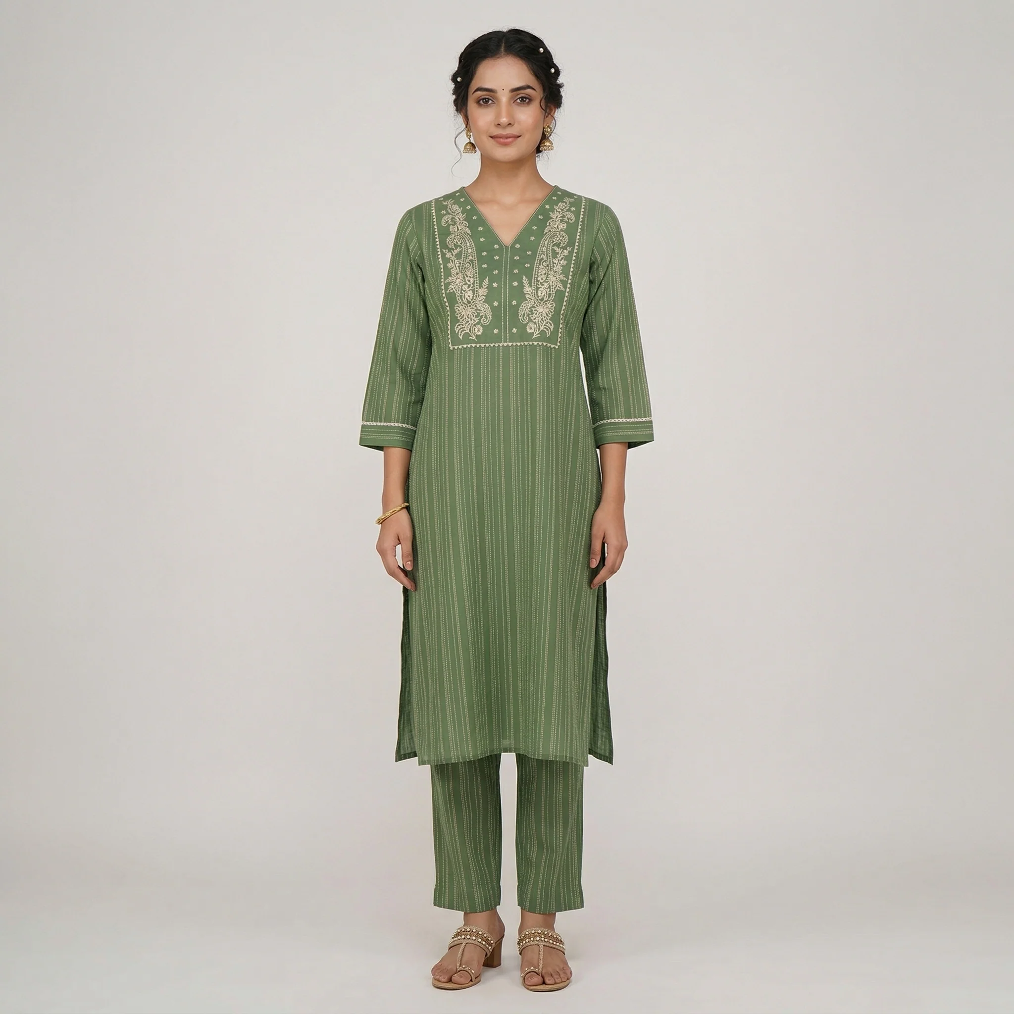 Cotton Embroidered V-Neck Kurta
