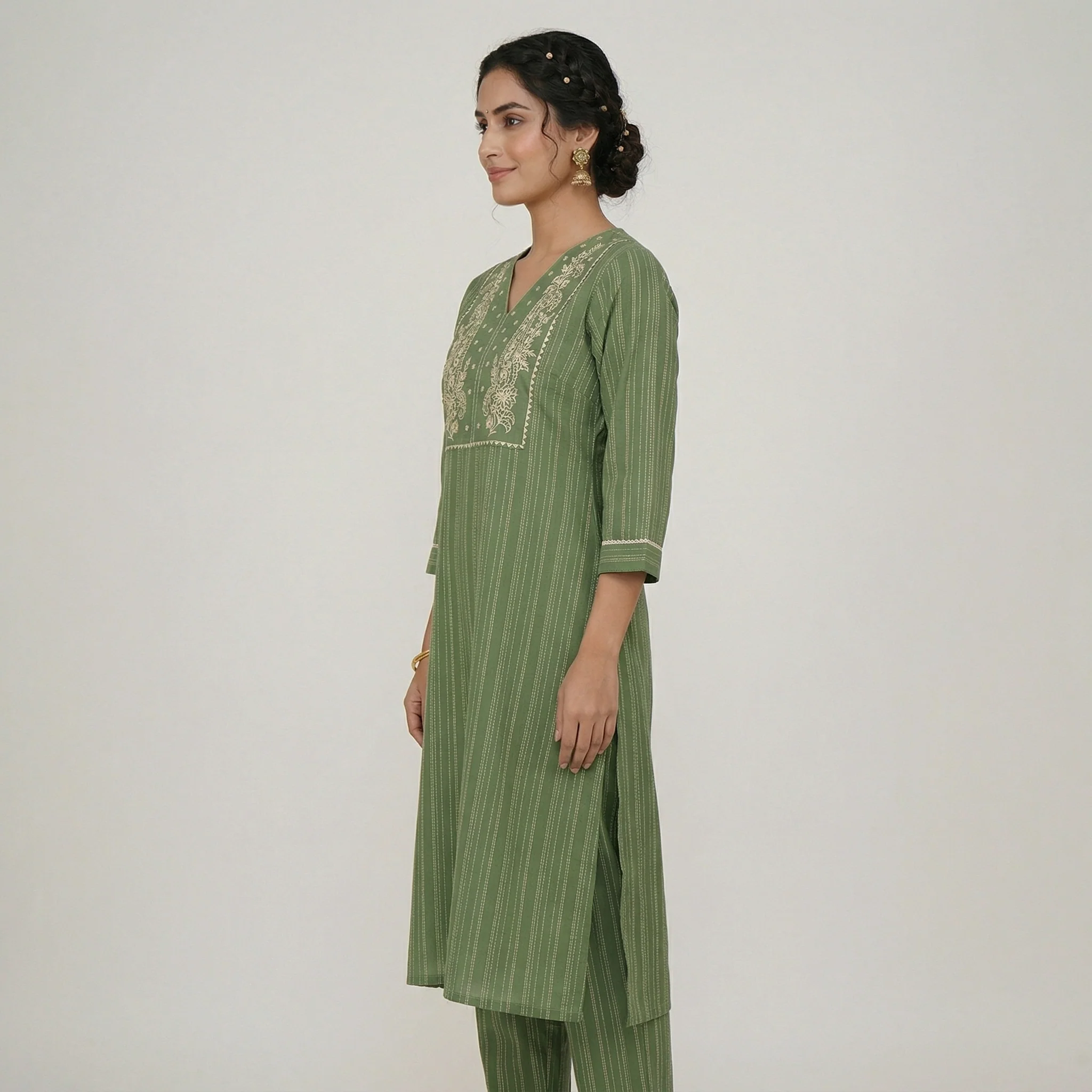 Cotton Embroidered V-Neck Kurta - Image 2