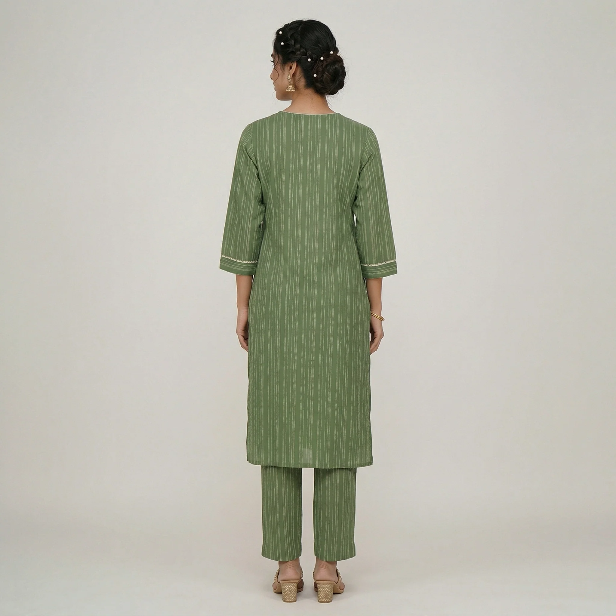Cotton Embroidered V-Neck Kurta - Image 3