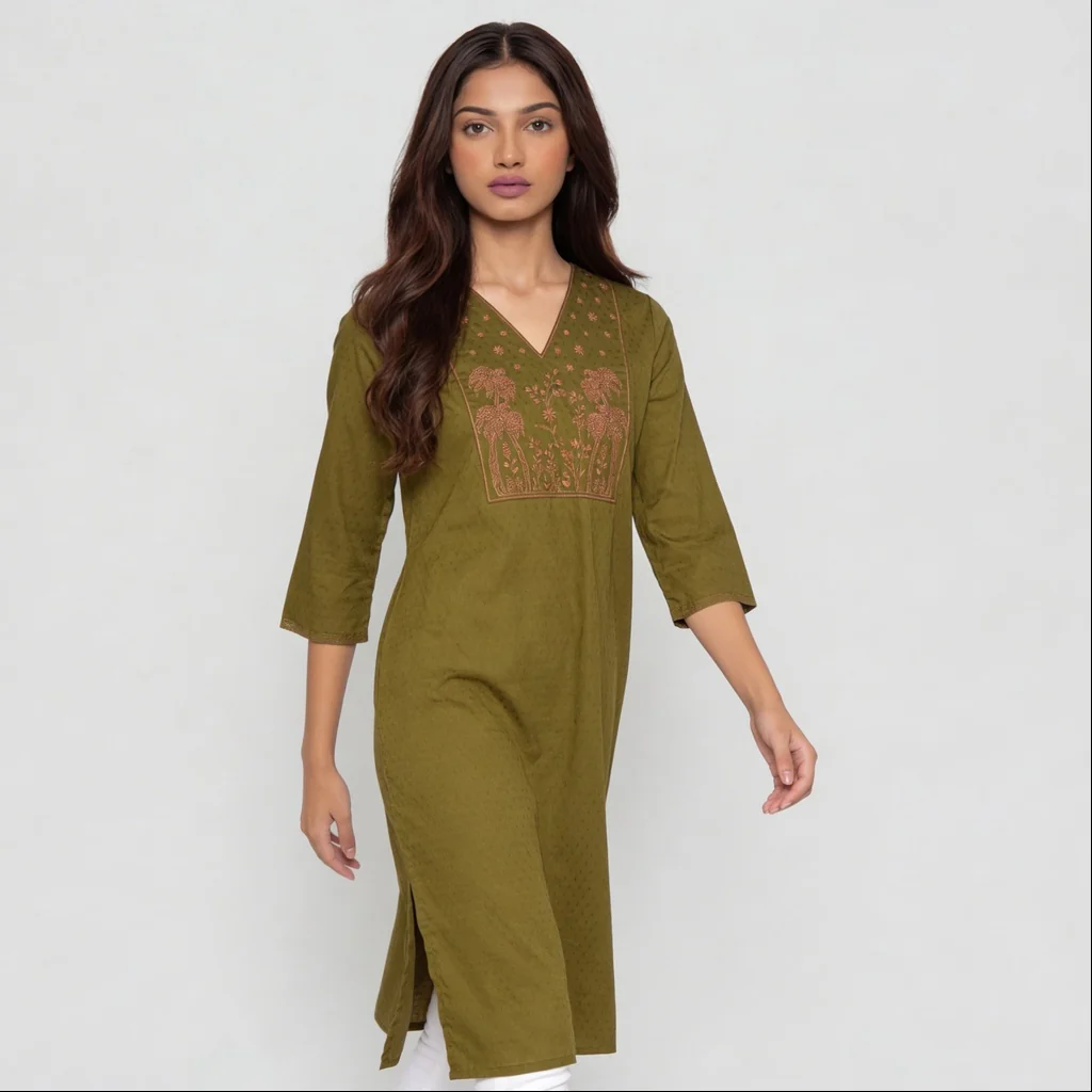 Cotton Embroidered V-Neck Kurta - Image 2