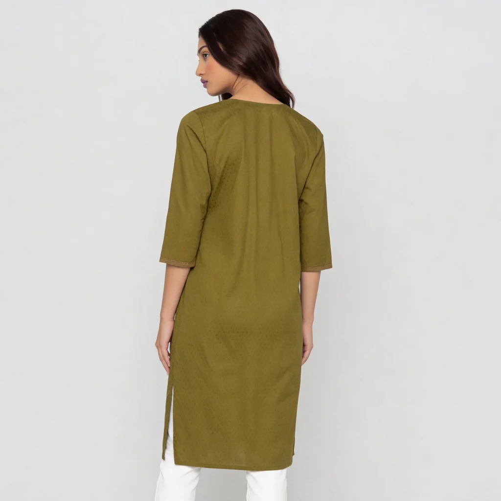 Cotton Embroidered V-Neck Kurta - Image 3
