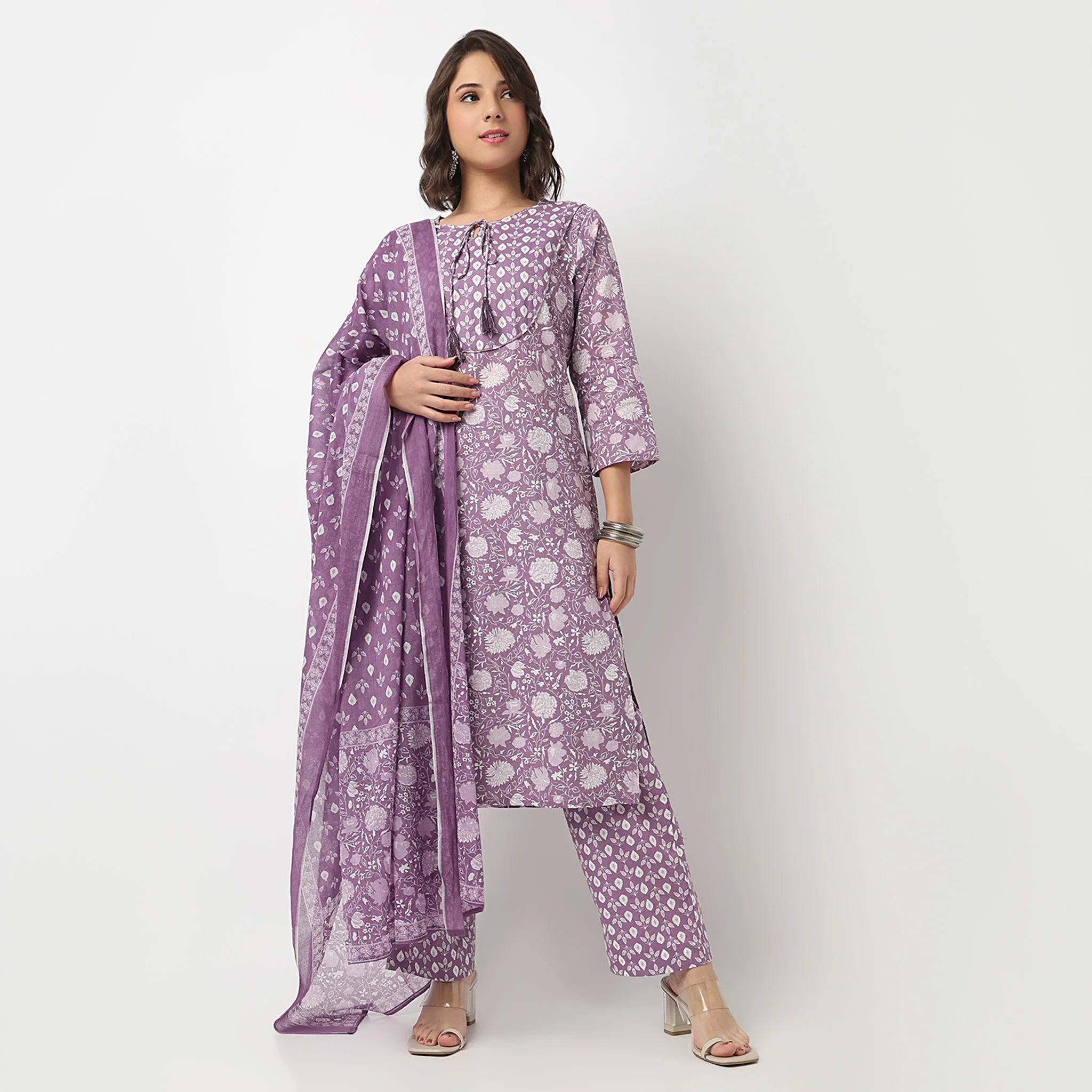 Cotton Printed Flared Kurta with Pant & with Dupatta Set