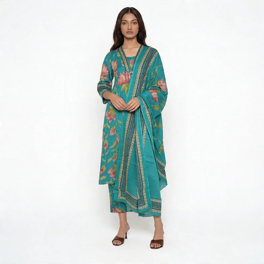 Cotton Printed Kurta with Palazzo and Dupatta Set - Image 2