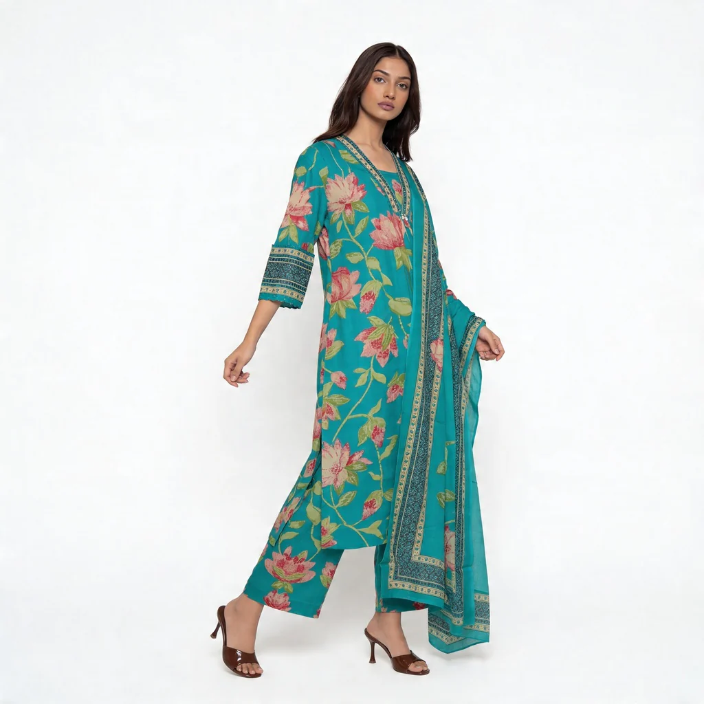 Cotton Printed Kurta with Palazzo and Dupatta Set - Image 5