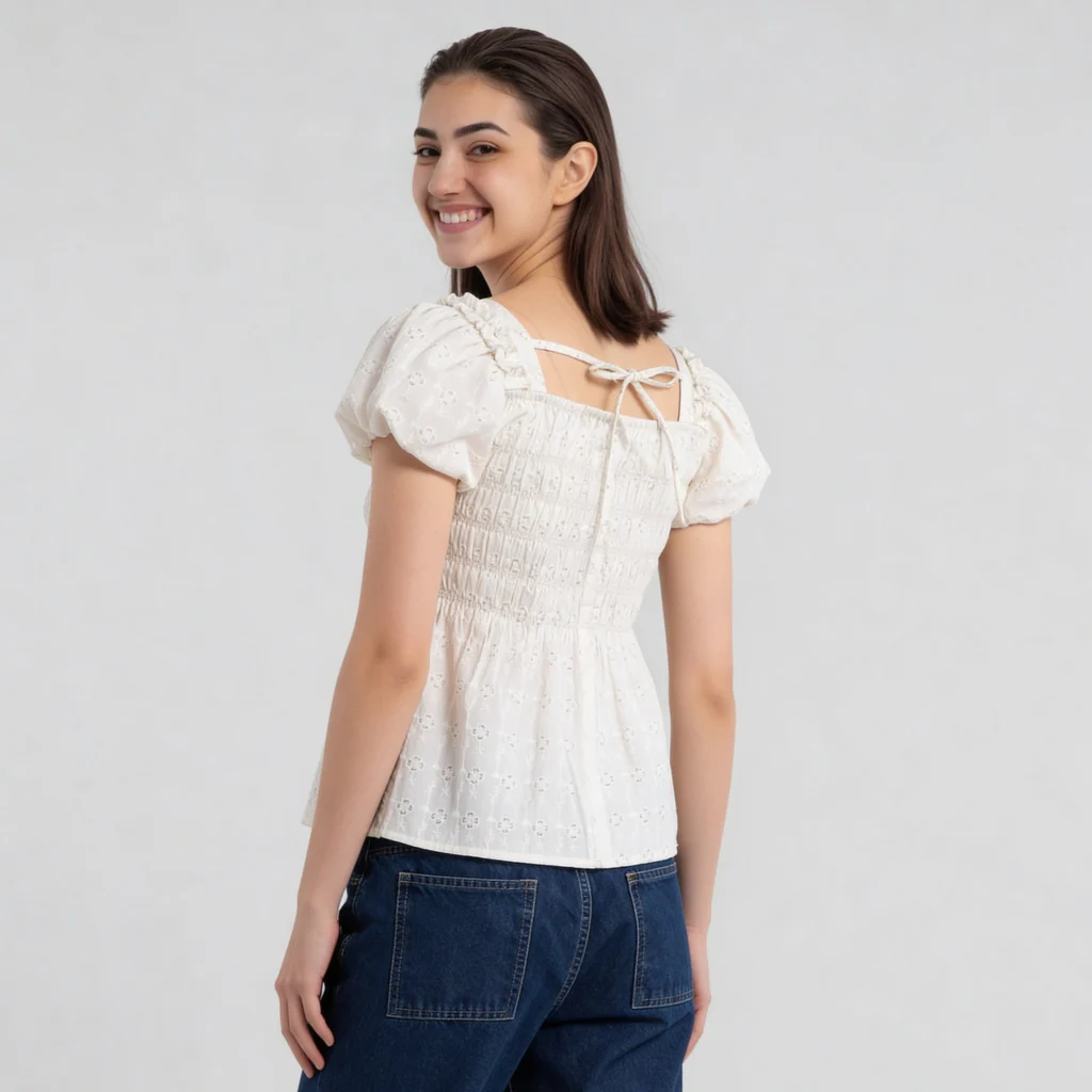 Cotton Printed Smocking Top With 3D Flowers Embelilshment - Image 3