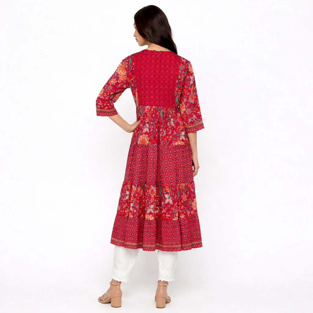 Cotton Printed V-Neck Flared Kurta - Image 3