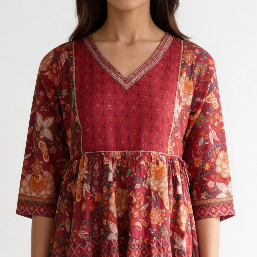Cotton Printed V-Neck Flared Kurta - Image 4