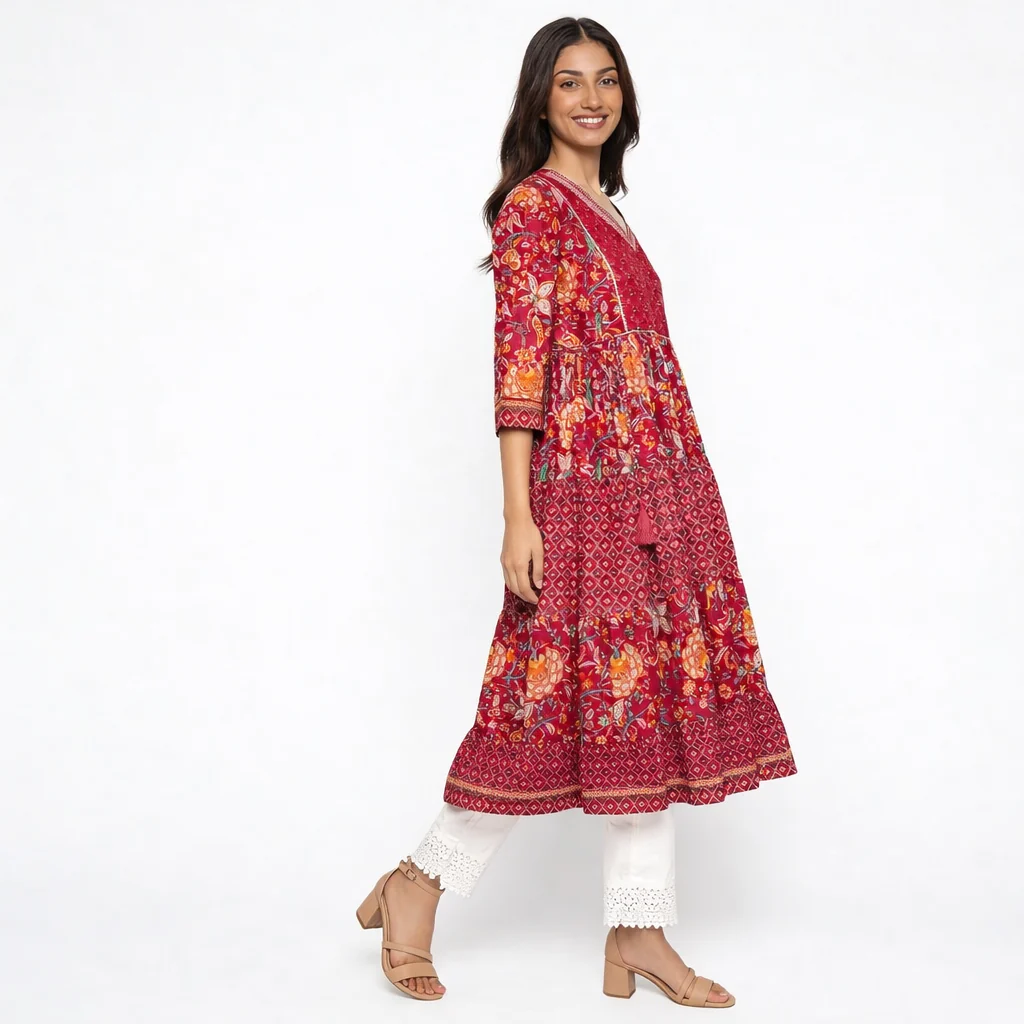 Cotton Printed V-Neck Flared Kurta - Image 5