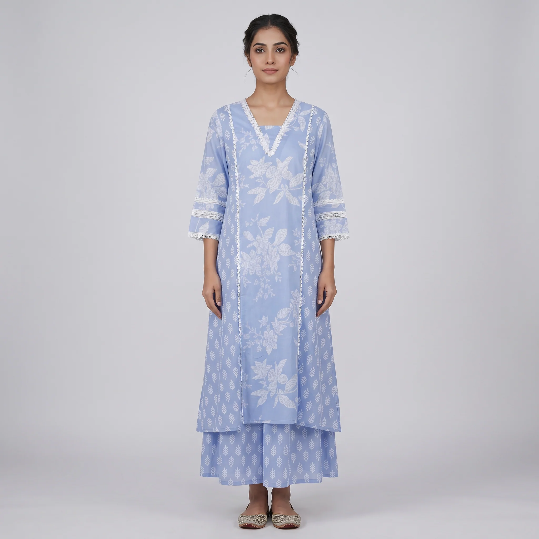 Cotton Printed V-Neck Flared Kurta