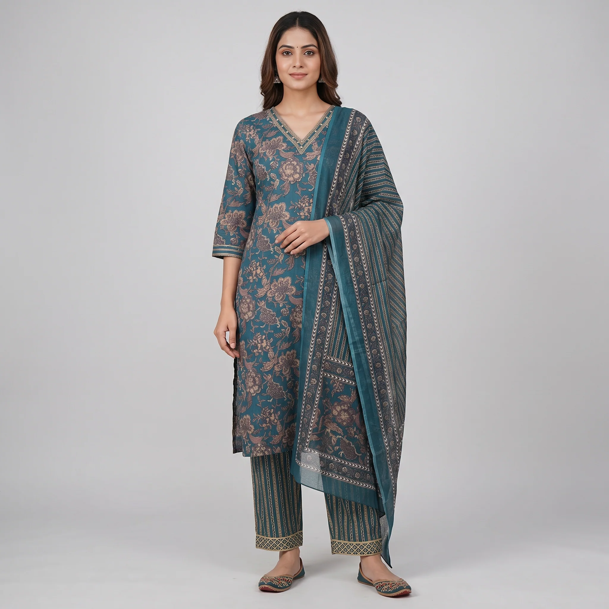 Cotton Printed V-Neck Kurta and Pant with Dupatta Set