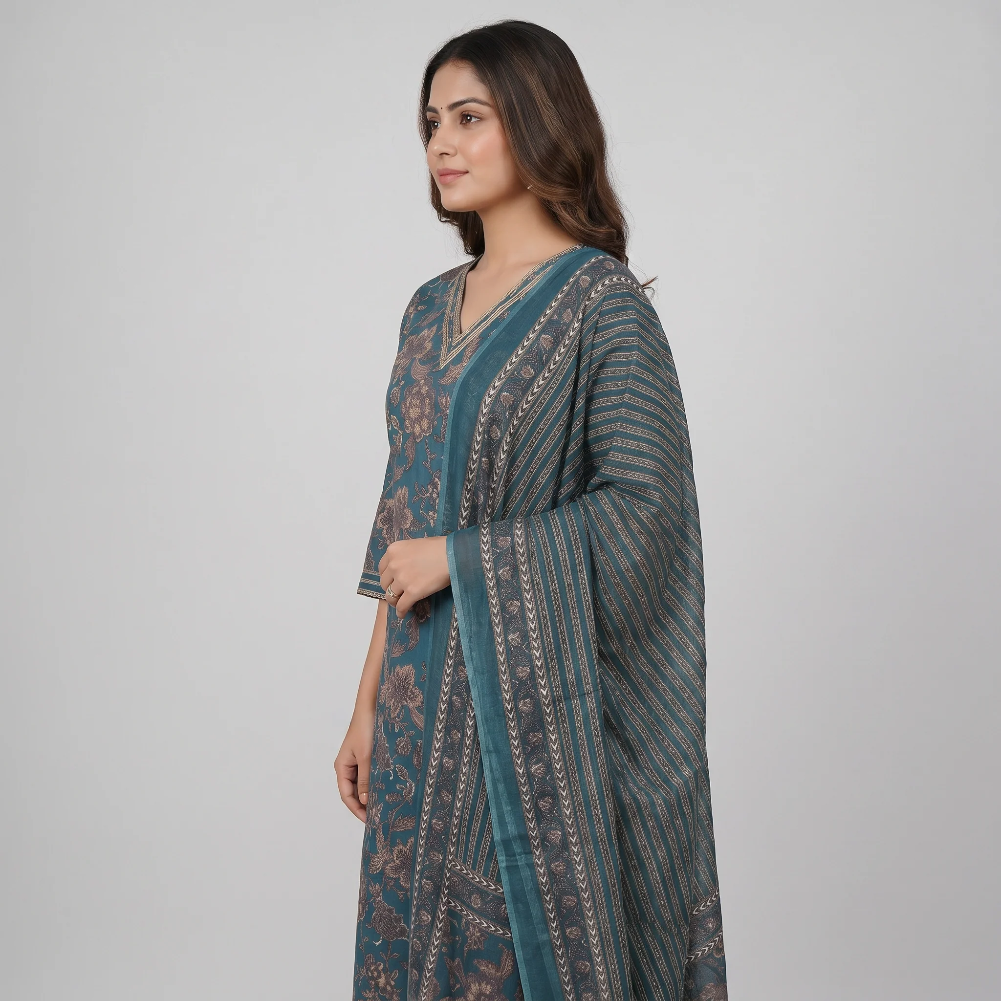 Cotton Printed V-Neck Kurta and Pant with Dupatta Set - Image 2